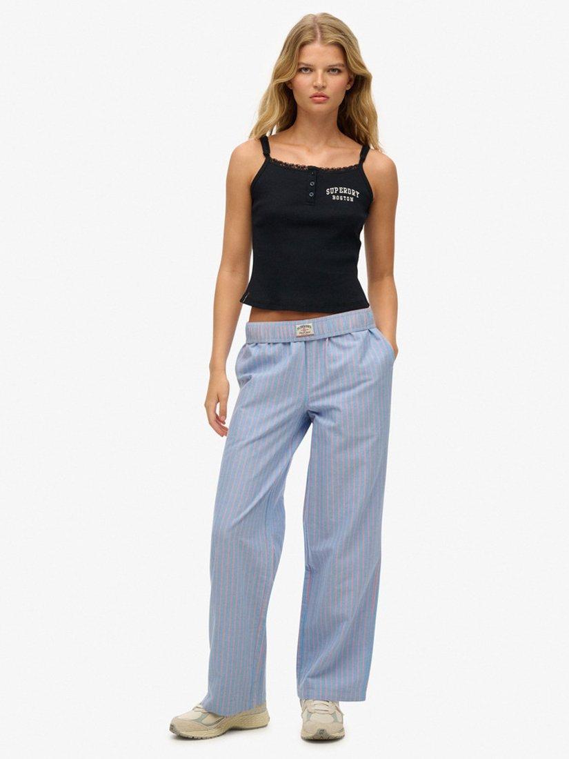 Product image 1 of 5, which shows Superdry Elasticated Waist Stripe Trousers, Blue/Pink Stripe, 10