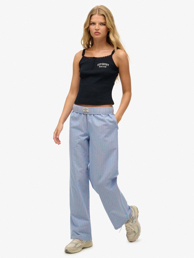 Product image 2 of 5, which shows Superdry Elasticated Waist Stripe Trousers, Blue/Pink Stripe, 10
