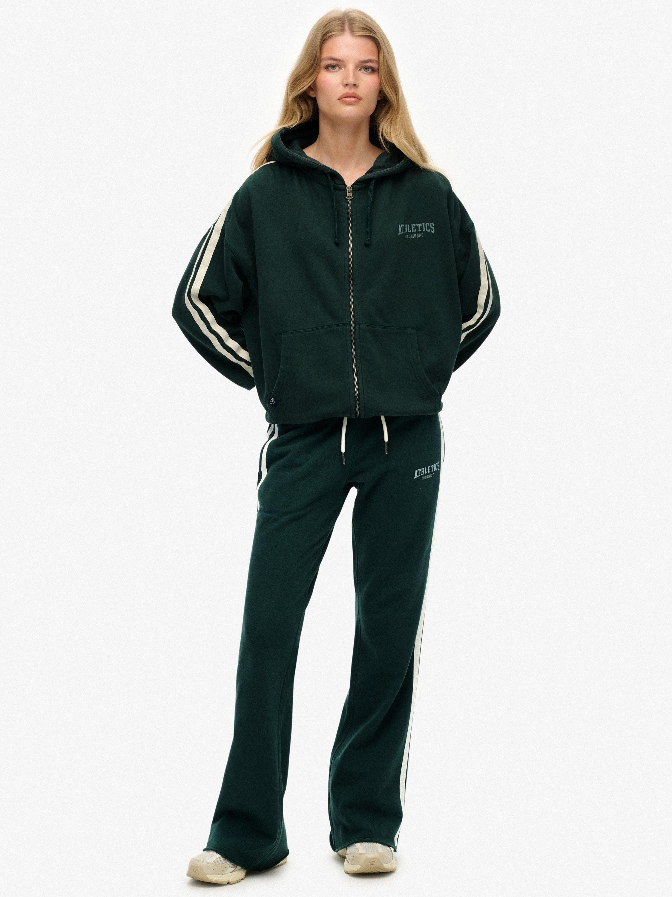 Product image 1 of 6, which shows Superdry Athletic Stripe Flare Joggers, Enamel Green, 10