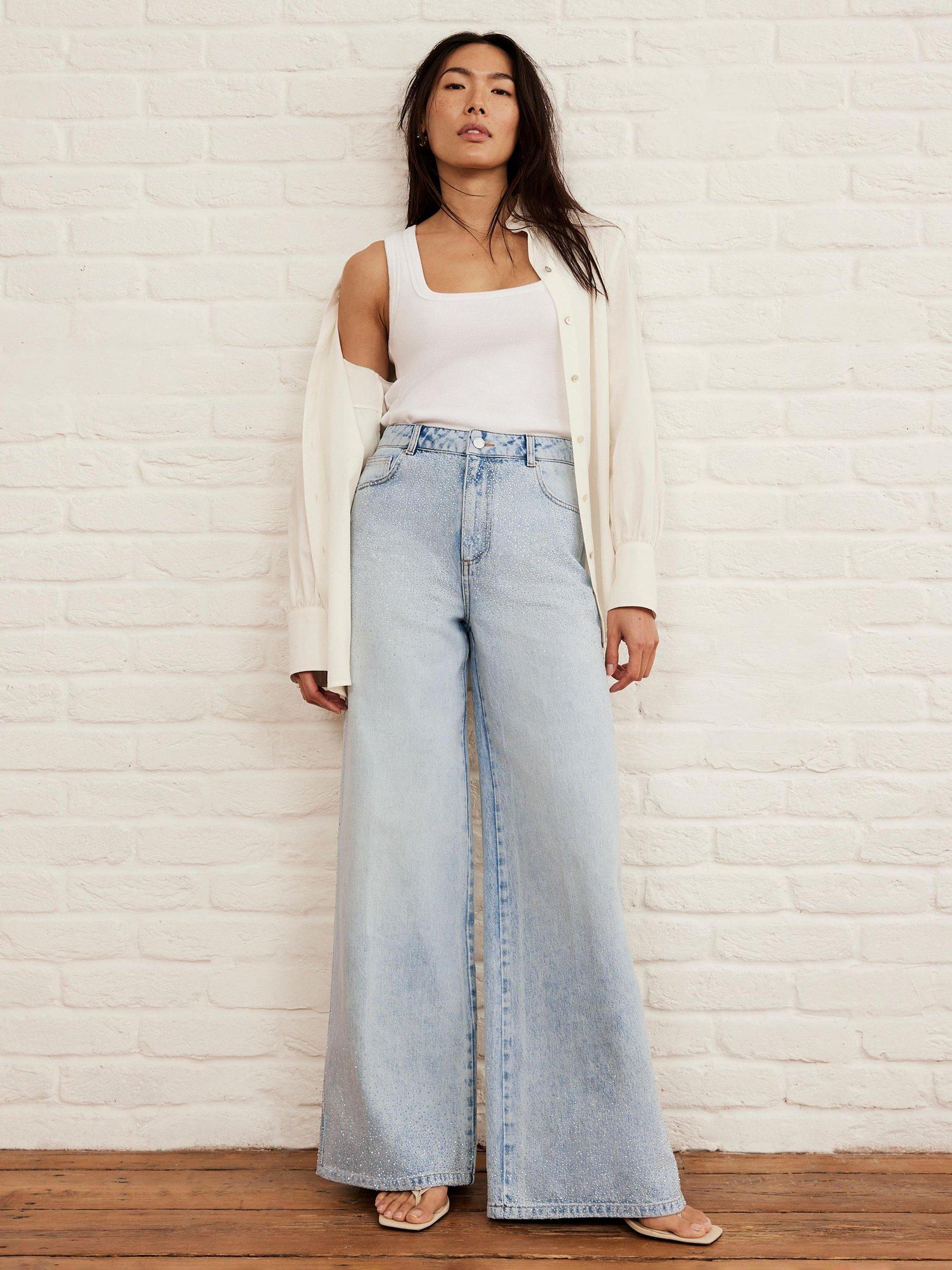 Product image 1 of 8, which shows Mint Velvet Diamante Wide Leg Jeans, Blue, 10