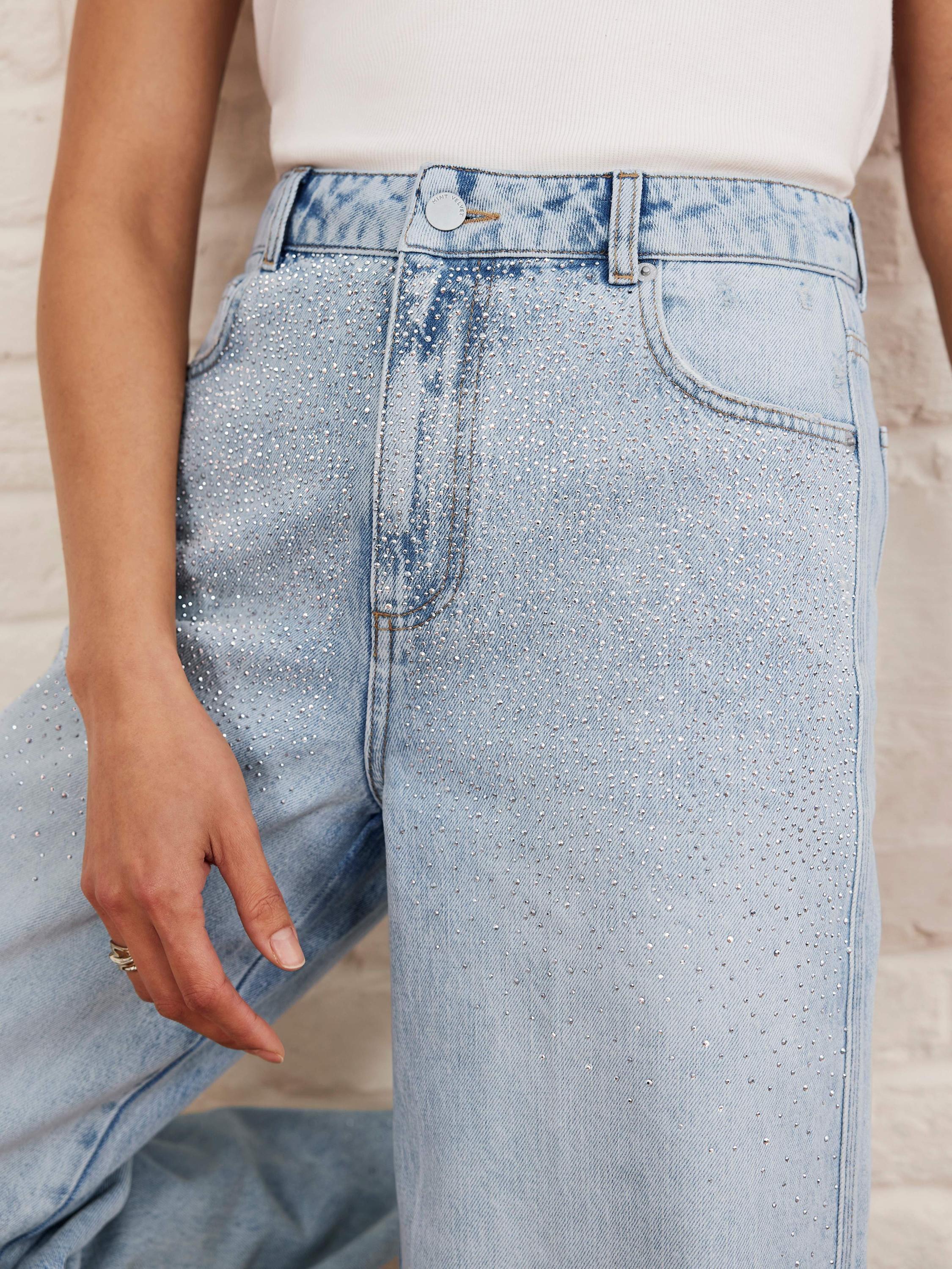 Product image 3 of 8, which shows Mint Velvet Diamante Wide Leg Jeans, Blue, 10