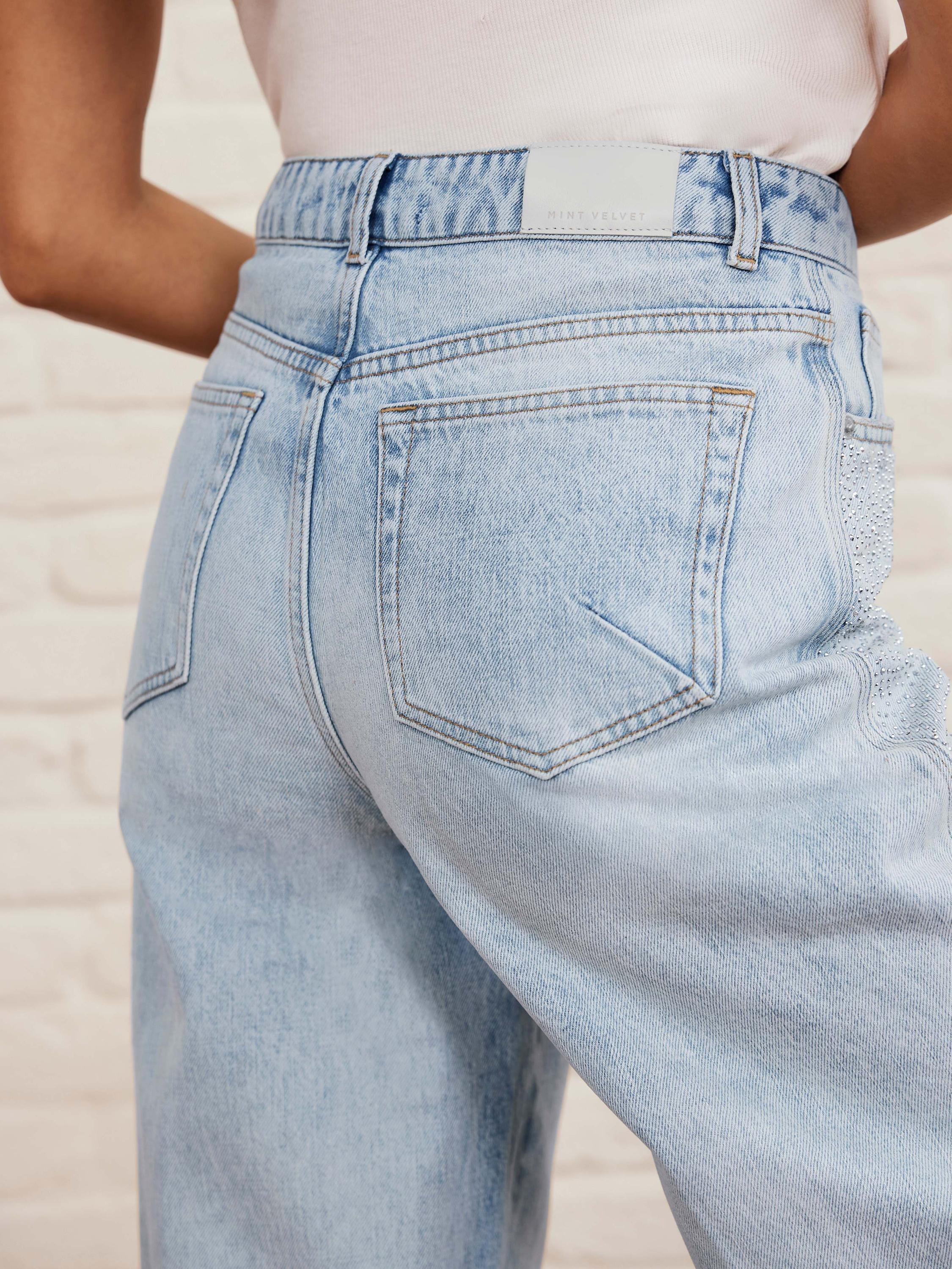 Product image 5 of 8, which shows Mint Velvet Diamante Wide Leg Jeans, Blue, 10