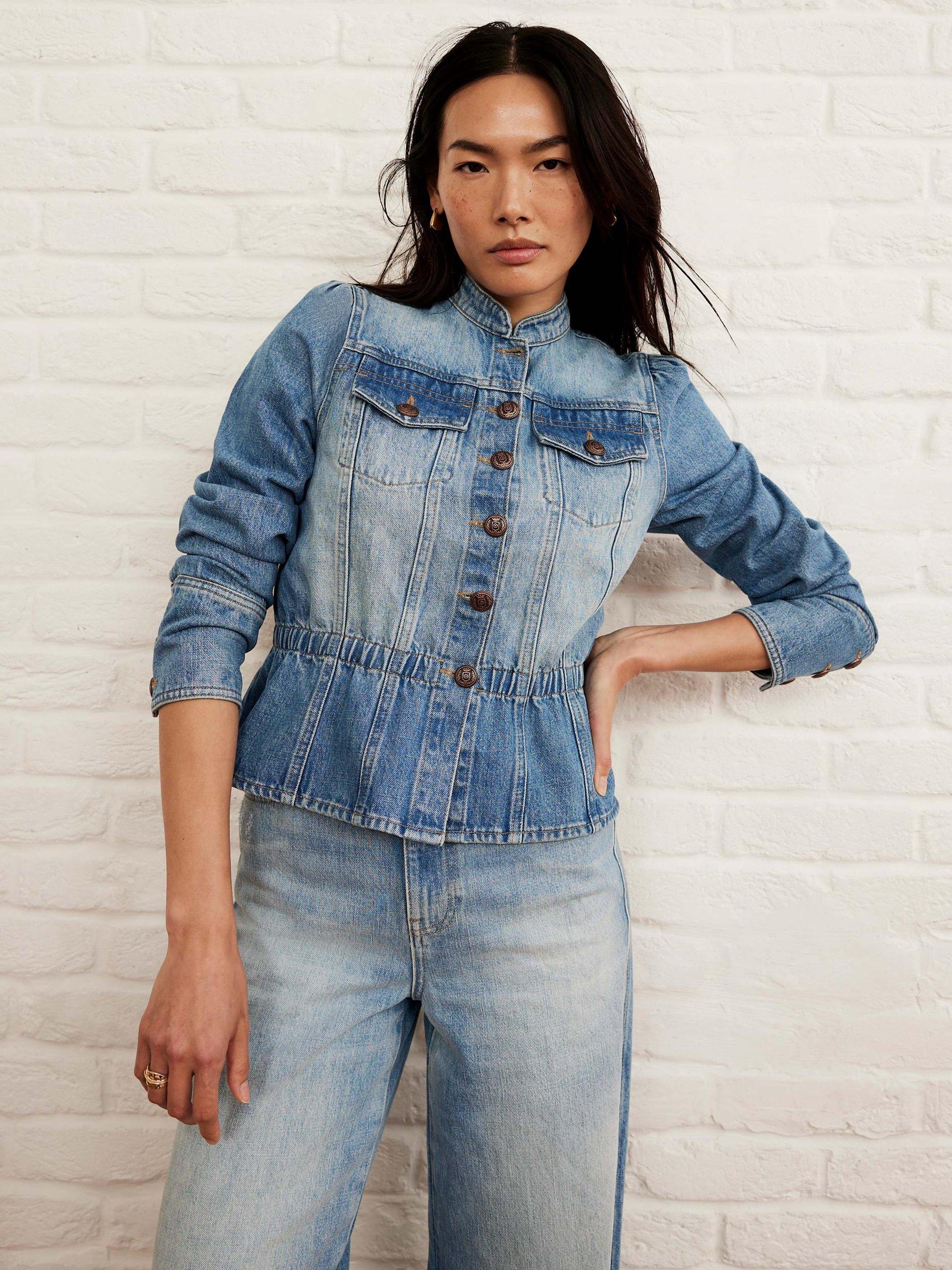 Product image 1 of 9, which shows Mint Velvet Puff Sleeve Denim Jacket, Indigo, S