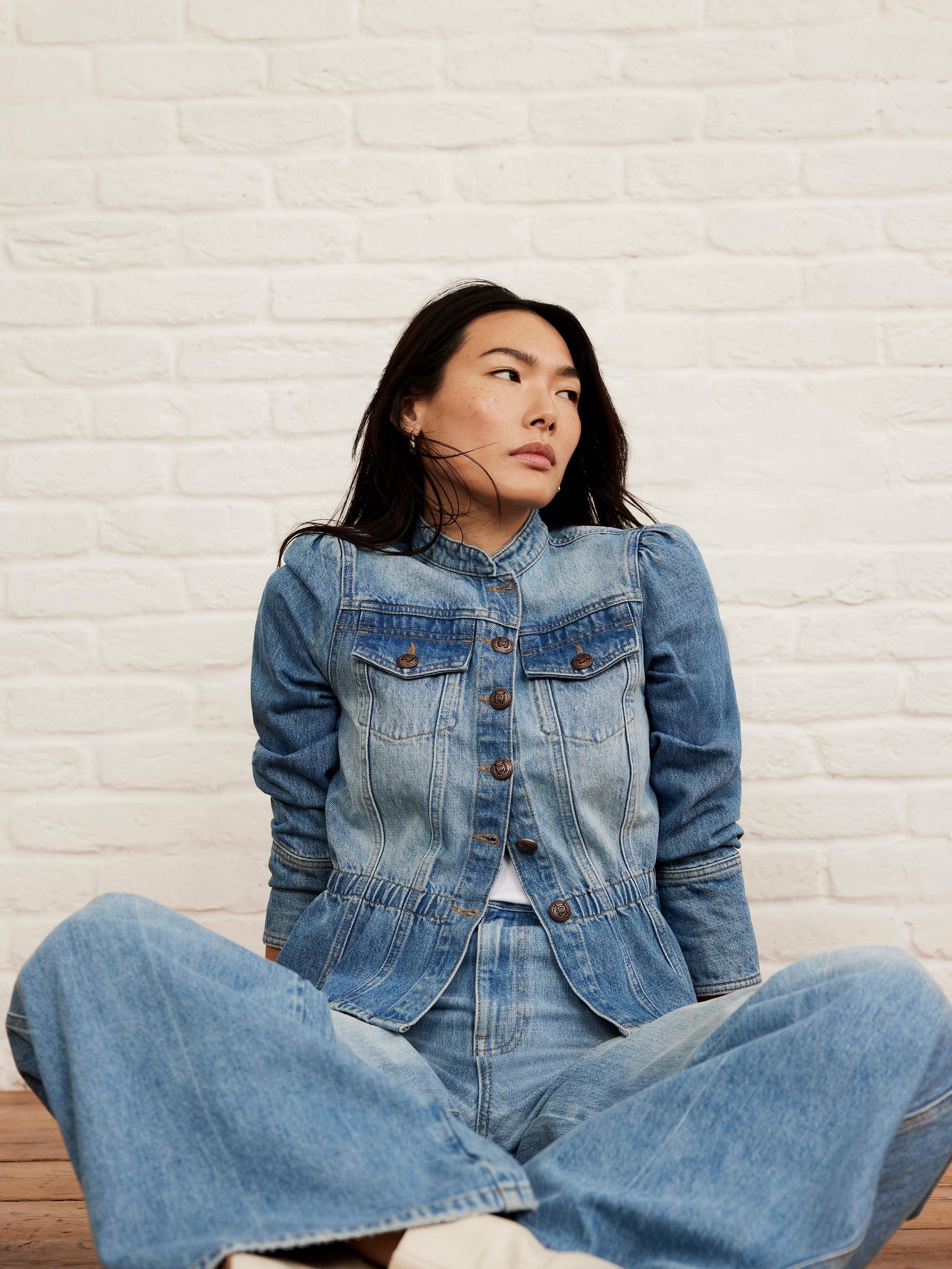 Product image 2 of 9, which shows Mint Velvet Puff Sleeve Denim Jacket, Indigo, S