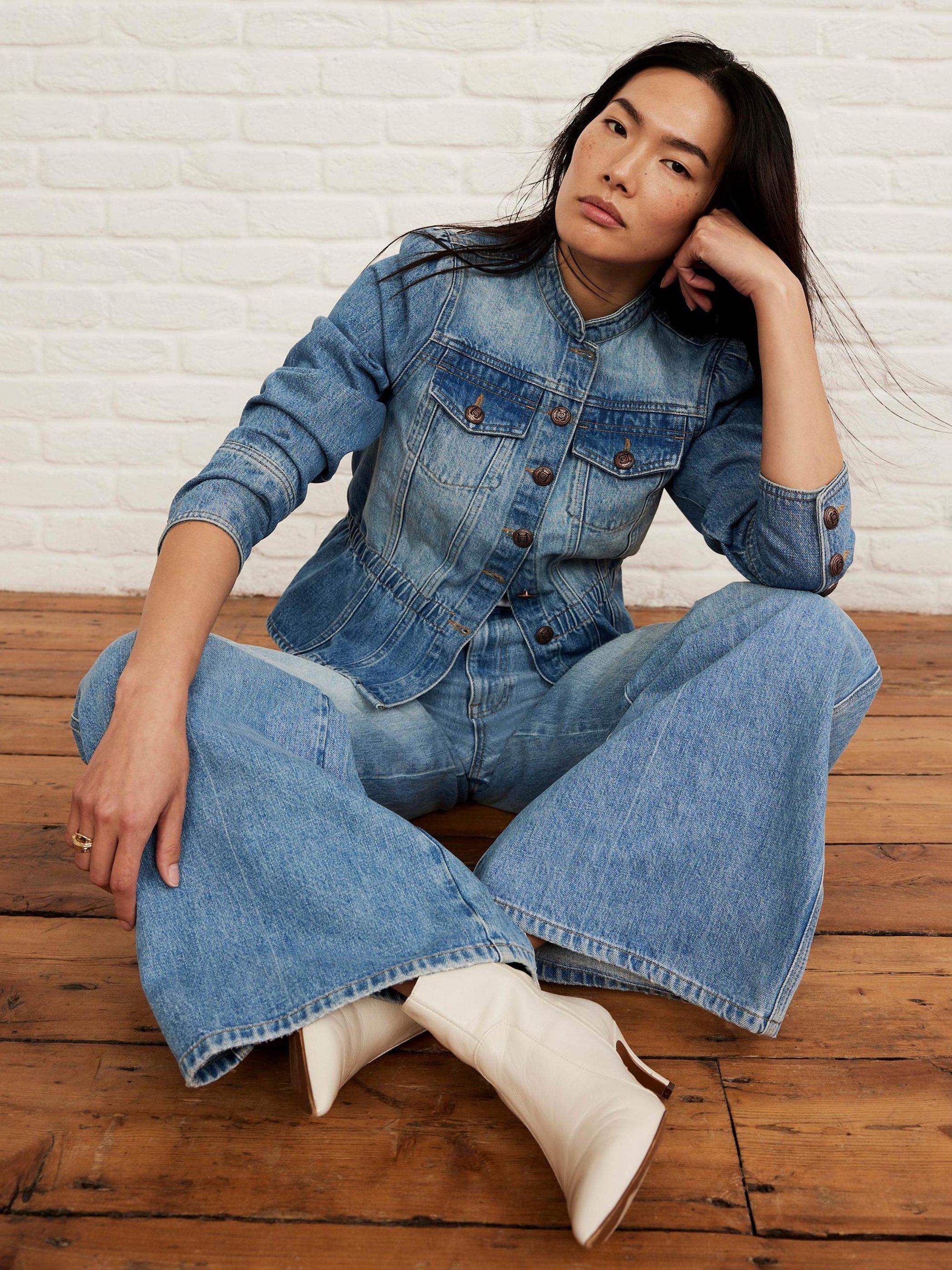 Product image 4 of 9, which shows Mint Velvet Puff Sleeve Denim Jacket, Indigo, S