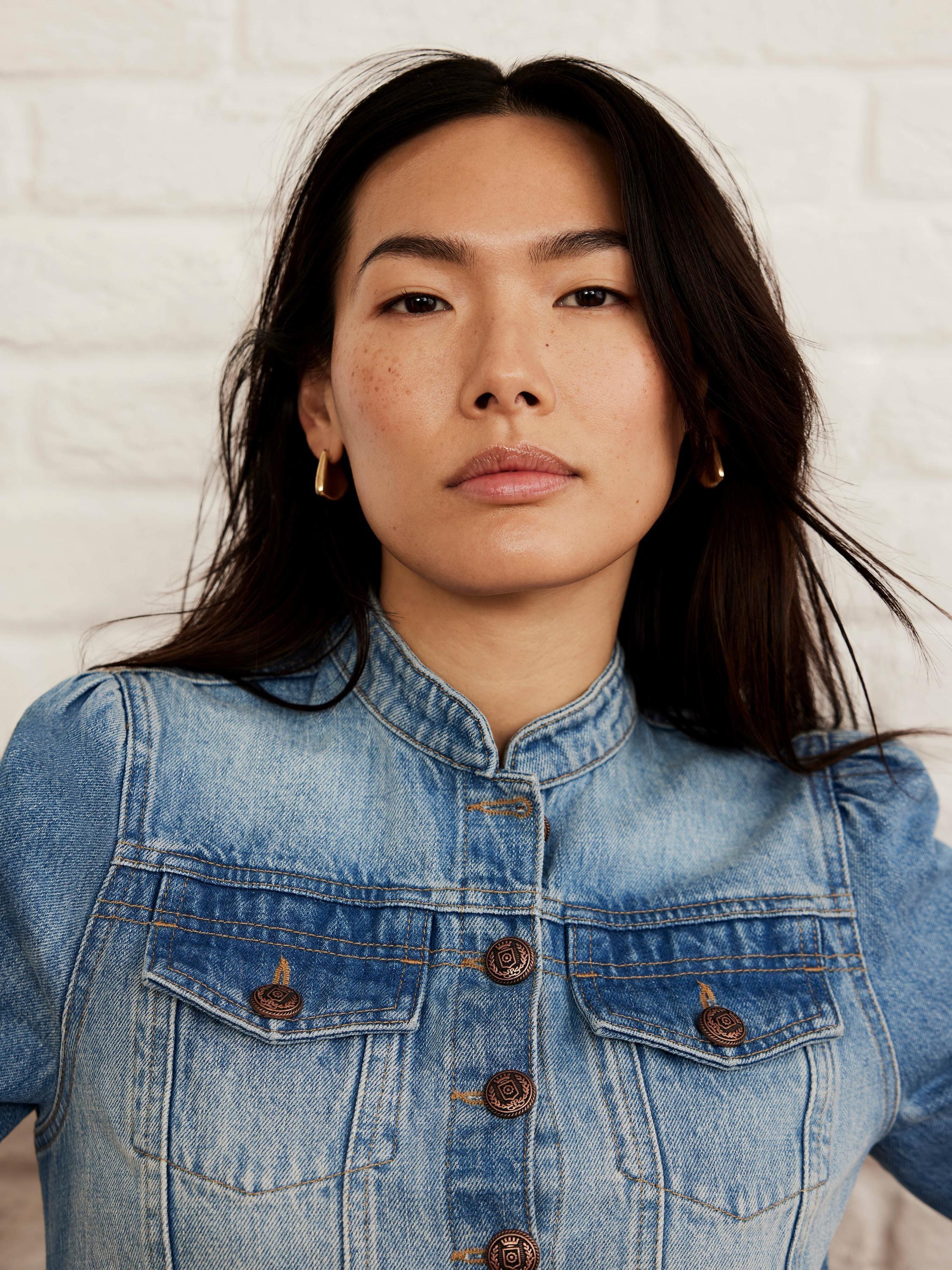 Product image 5 of 9, which shows Mint Velvet Puff Sleeve Denim Jacket, Indigo, S