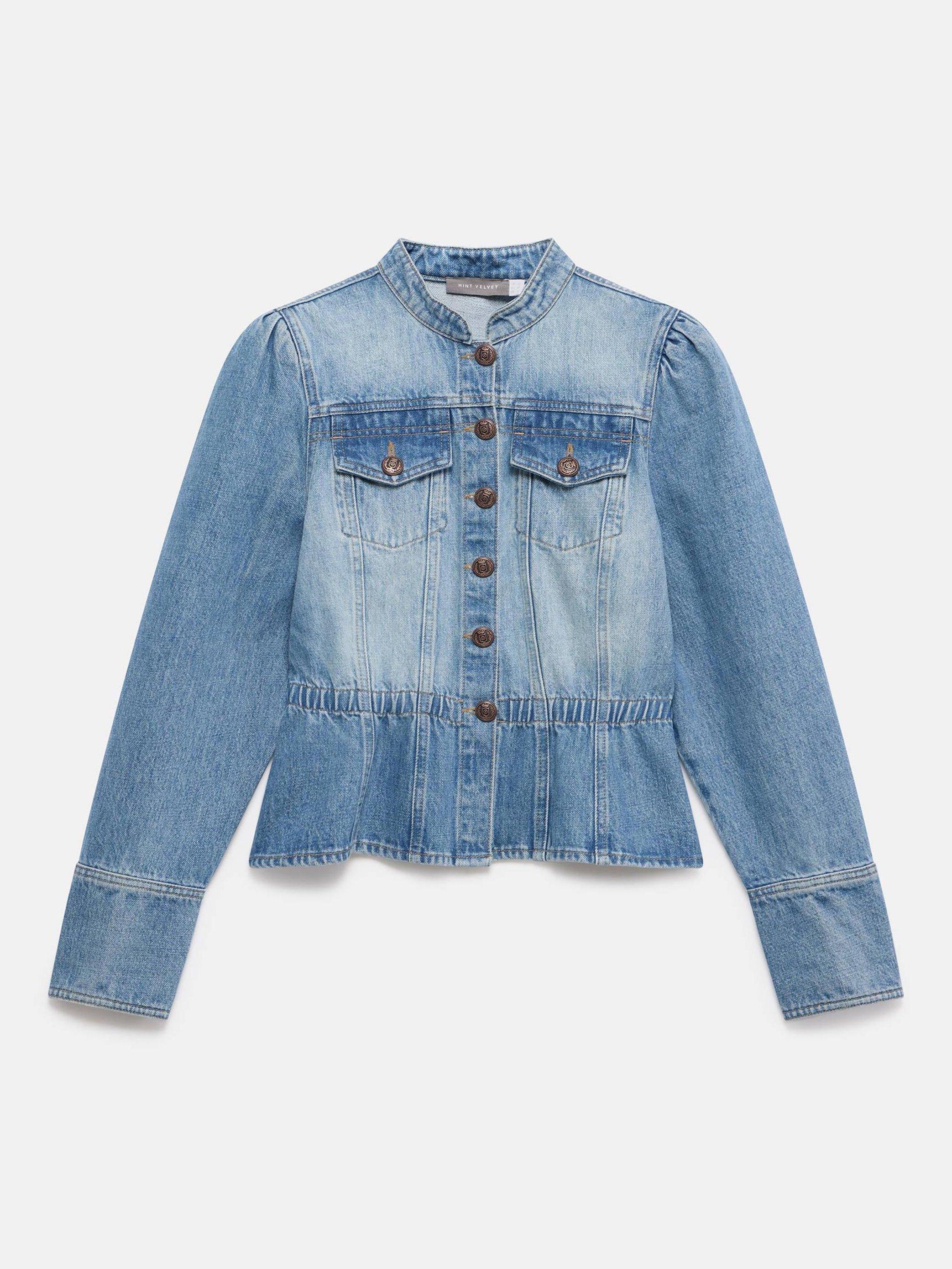 Product image 7 of 9, which shows Mint Velvet Puff Sleeve Denim Jacket, Indigo, S