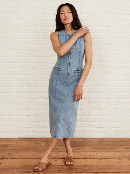 Mint Velvet Sleeveless Zip Front Denim Midi Dress, Blue - view 2, Blue