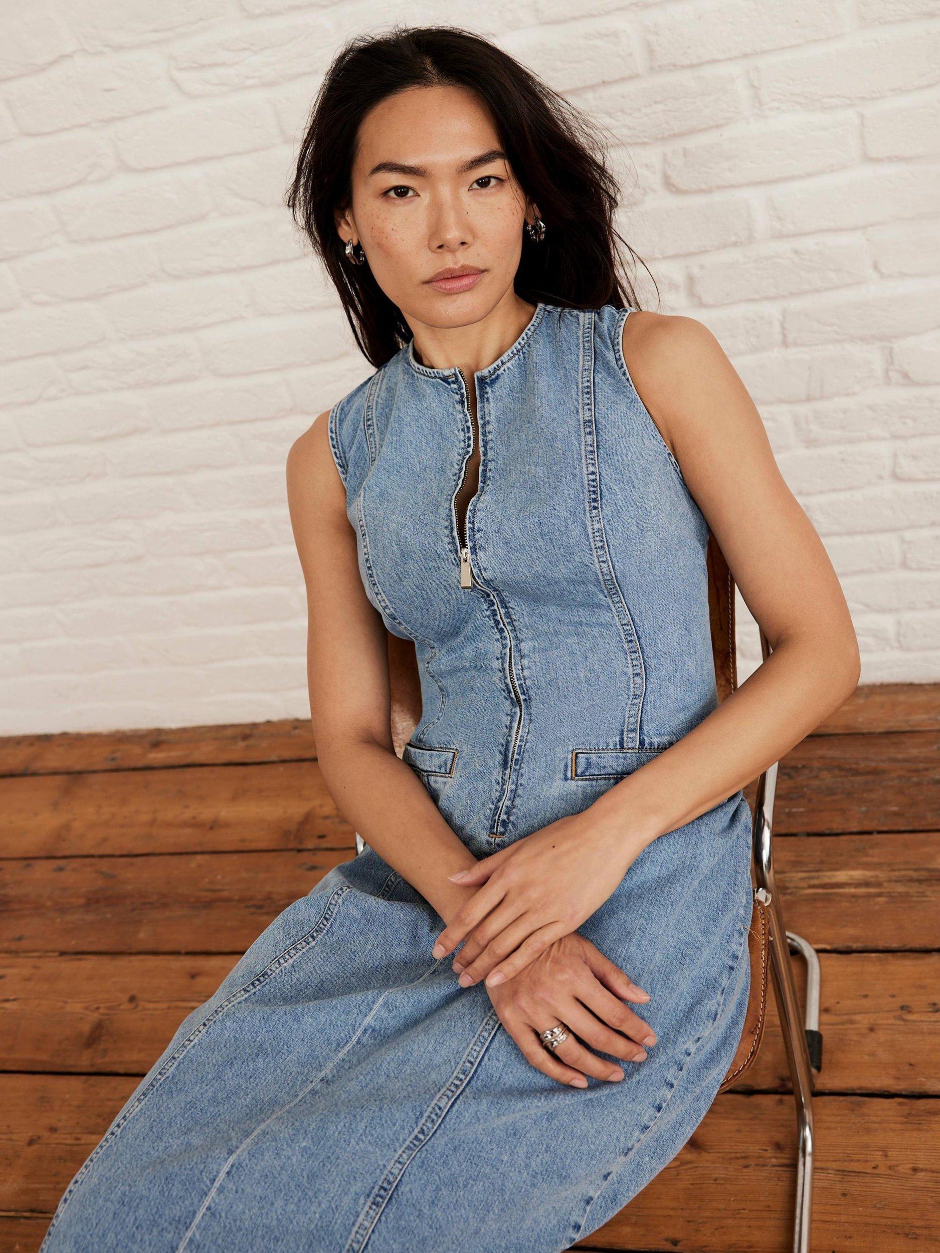 Product image 3 of 8, which shows Mint Velvet Sleeveless Zip Front Denim Midi Dress, Blue, 6