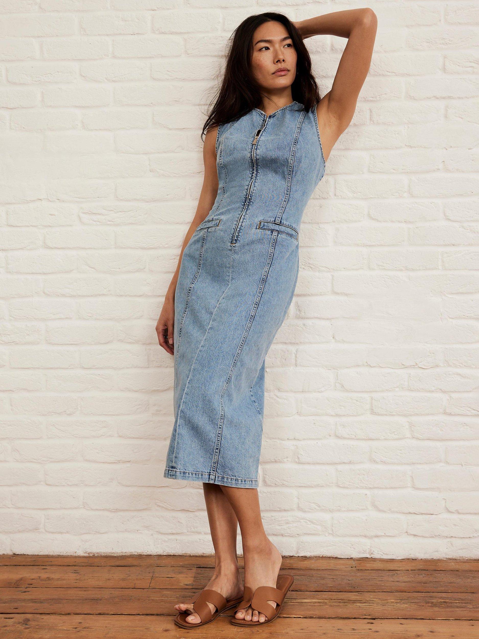 Product image 6 of 8, which shows Mint Velvet Sleeveless Zip Front Denim Midi Dress, Blue, 6