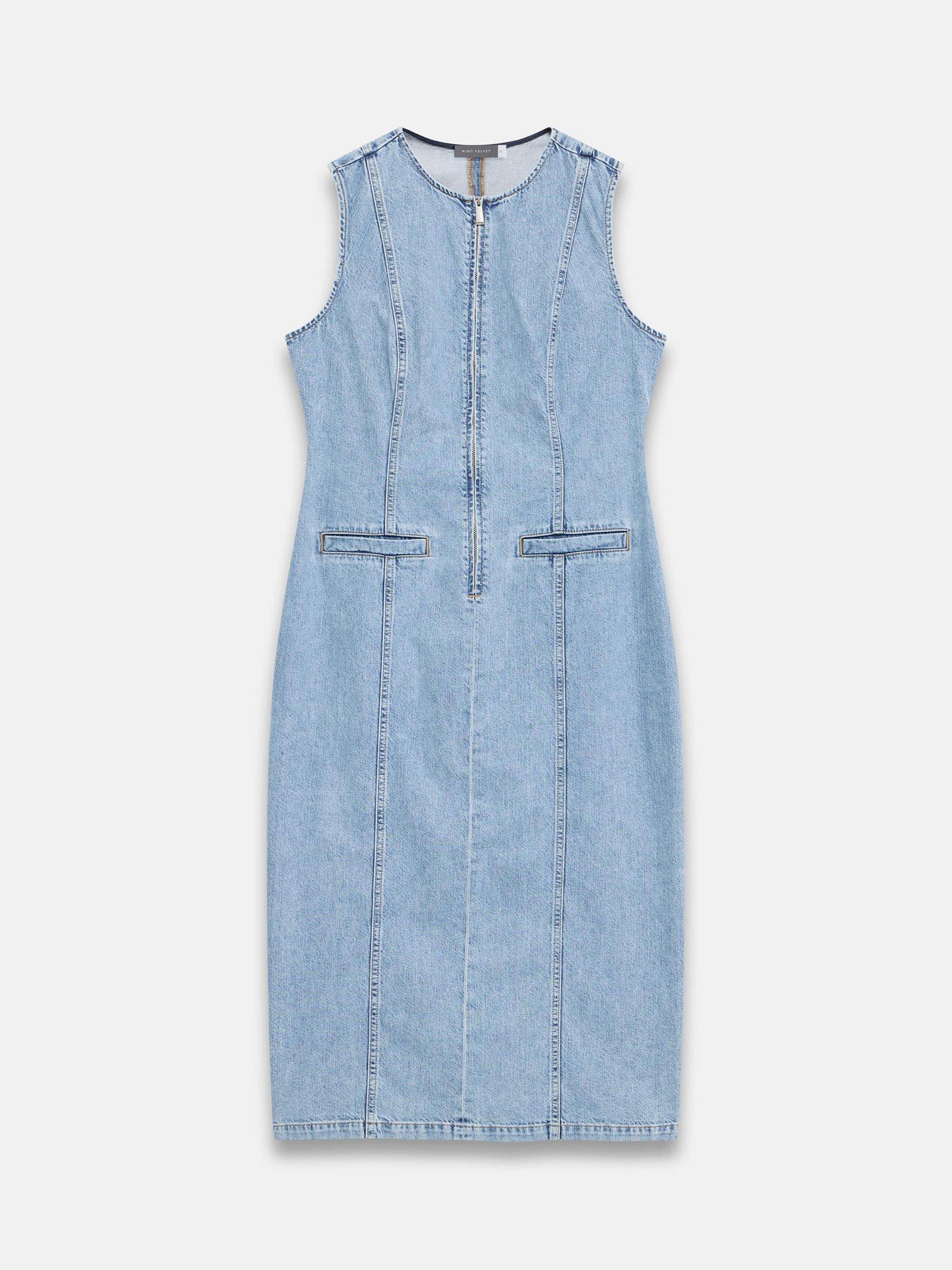 Product image 7 of 8, which shows Mint Velvet Sleeveless Zip Front Denim Midi Dress, Blue, 6