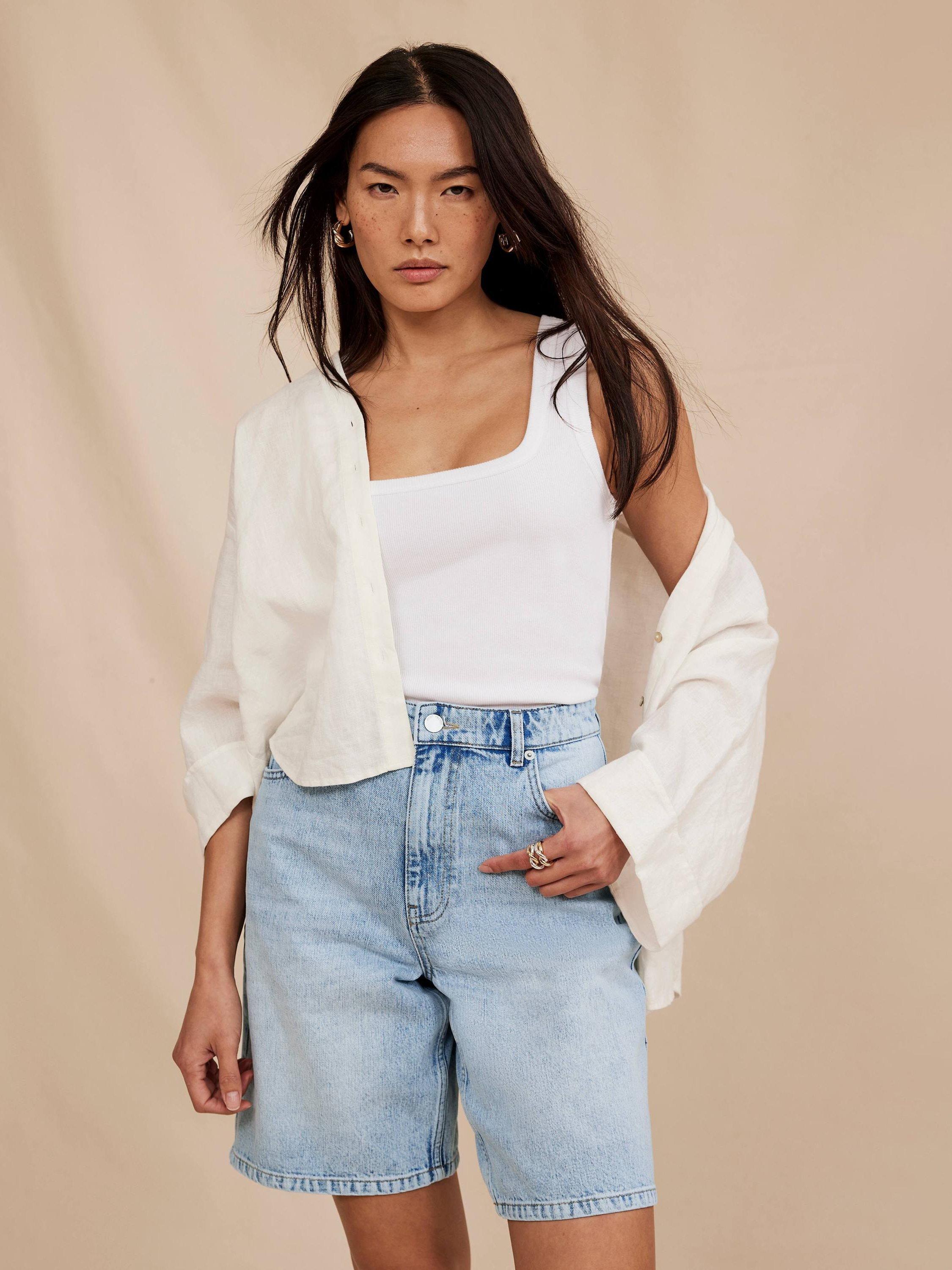Product image 1 of 7, which shows Mint Velvet Long Denim Shorts, Mid Blue, 10