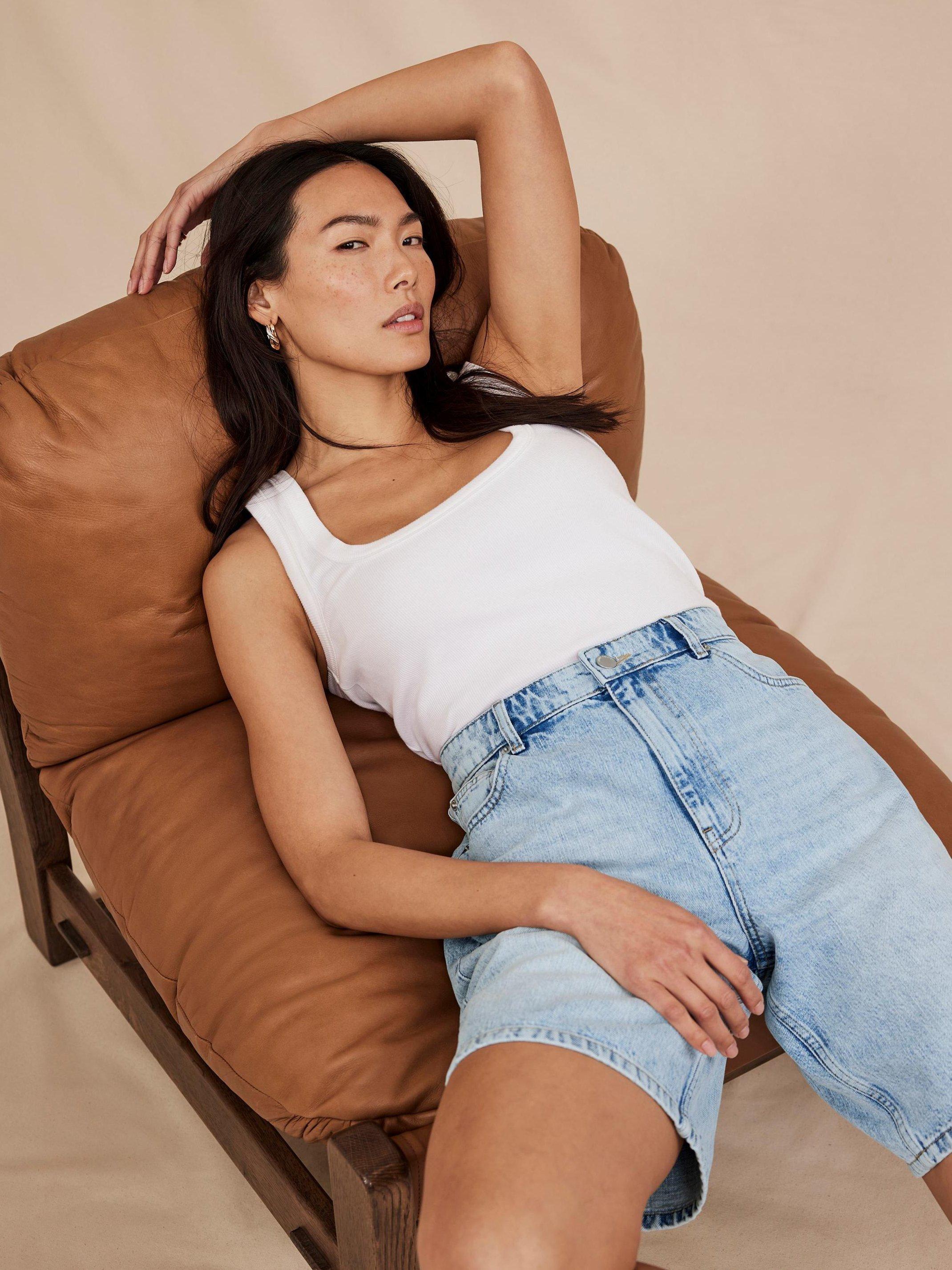 Product image 2 of 7, which shows Mint Velvet Long Denim Shorts, Mid Blue, 10