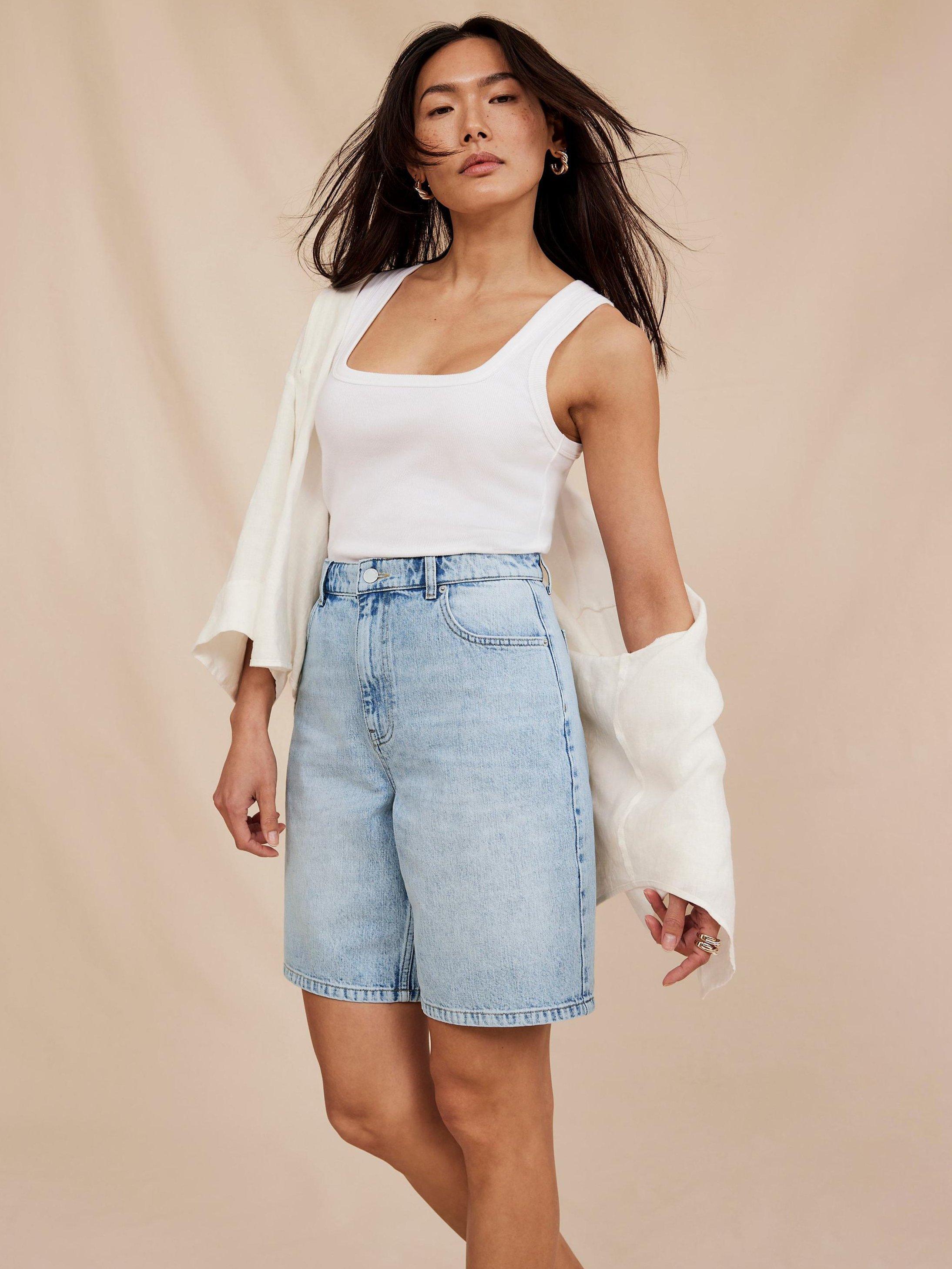 Product image 3 of 7, which shows Mint Velvet Long Denim Shorts, Mid Blue, 10