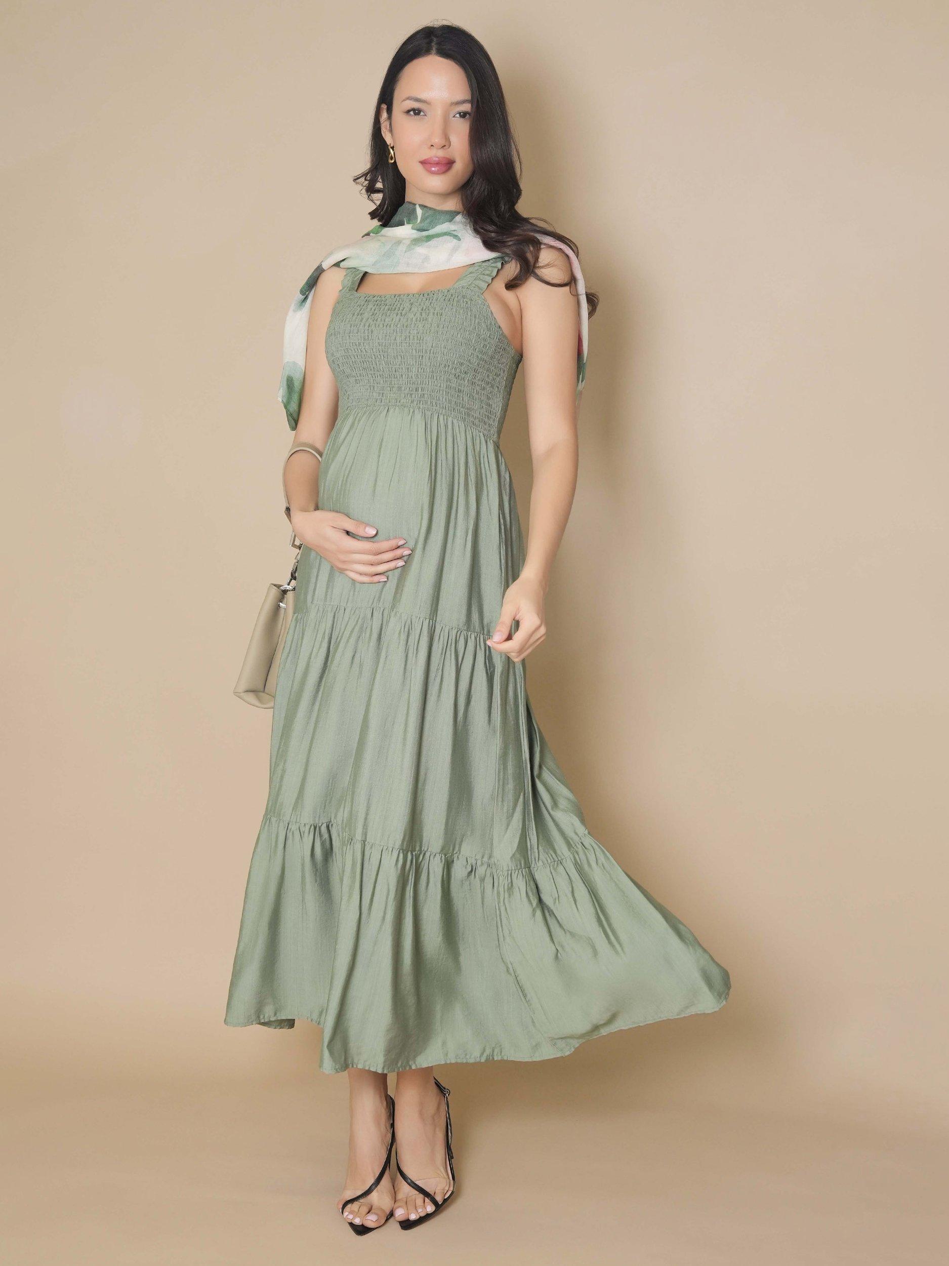 Product image 1 of 8, which shows Tiffany Rose Ayla Tiered Sleeveless Maxi Dress, Pale Olive, 10-12