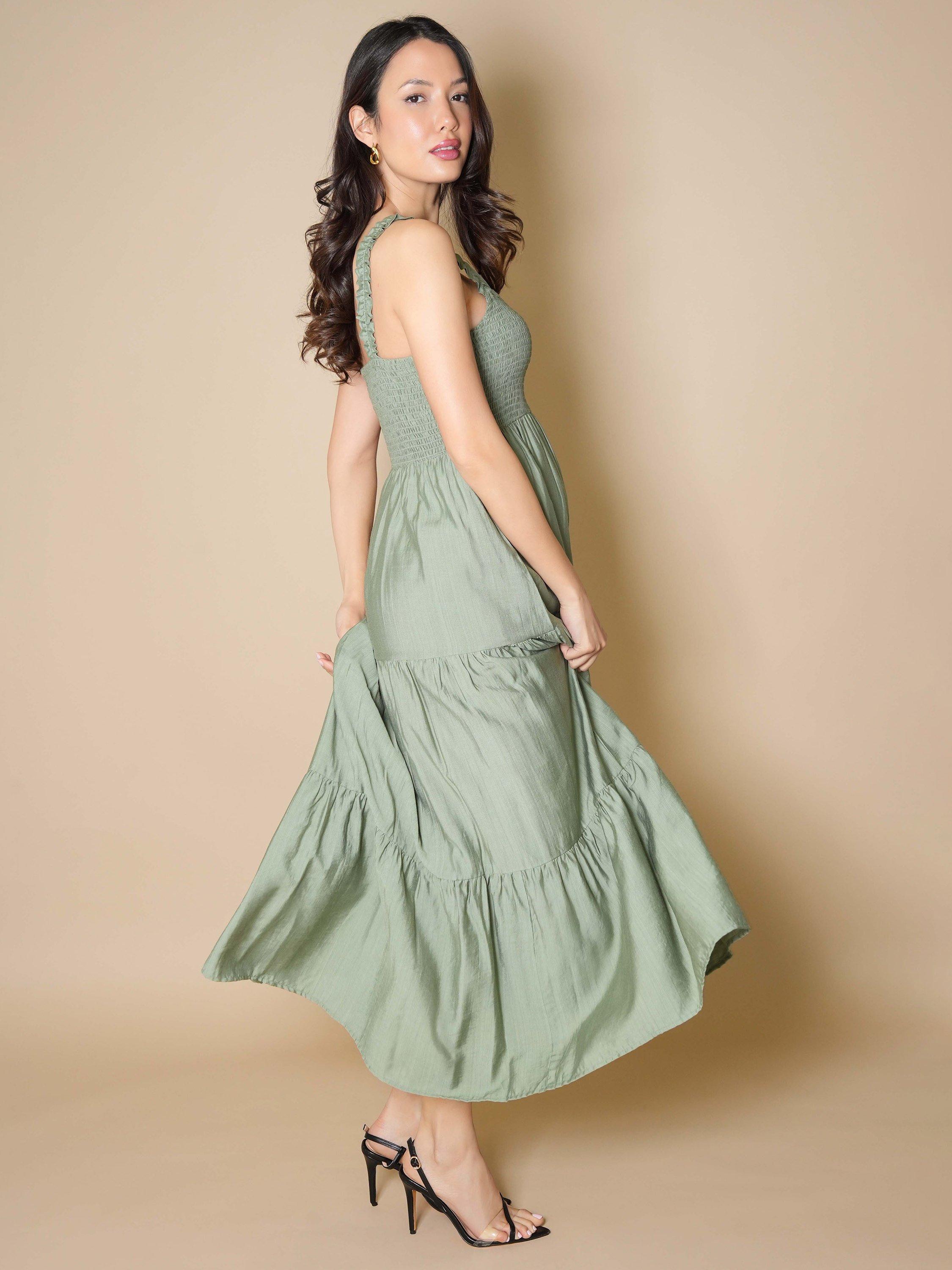 Product image 2 of 8, which shows Tiffany Rose Ayla Tiered Sleeveless Maxi Dress, Pale Olive, 10-12