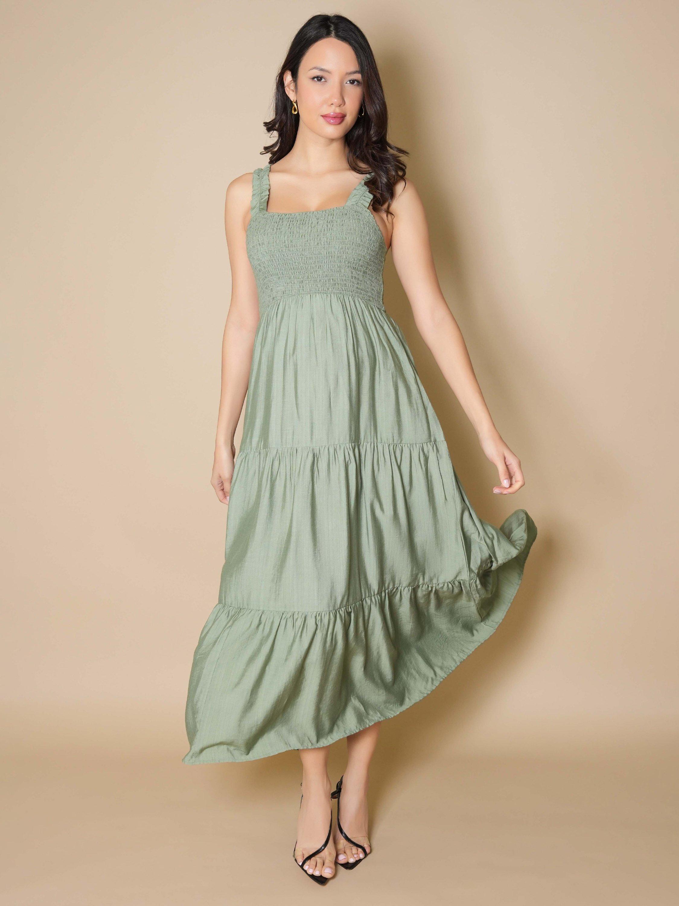 Product image 5 of 8, which shows Tiffany Rose Ayla Tiered Sleeveless Maxi Dress, Pale Olive, 10-12