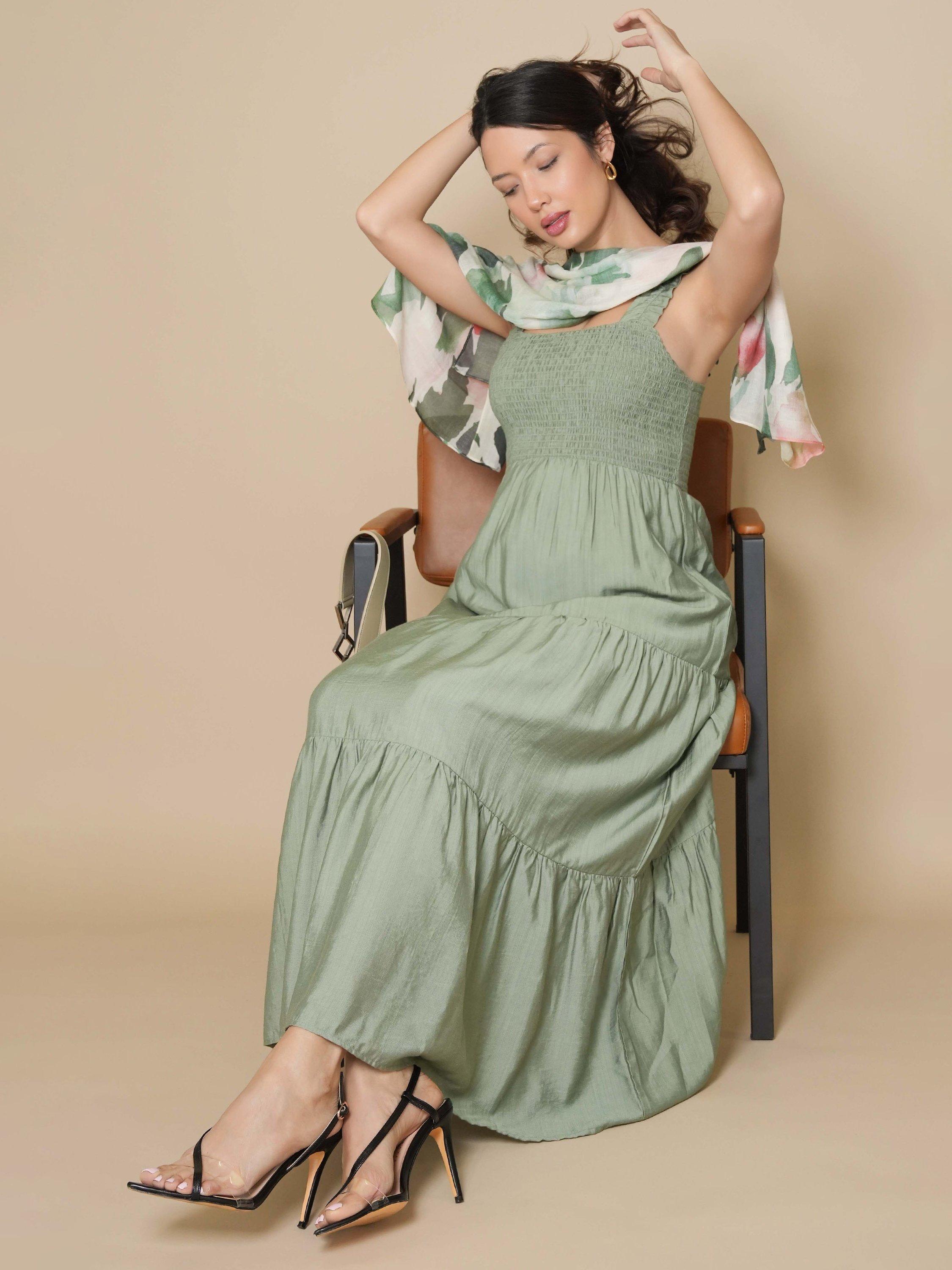 Product image 6 of 8, which shows Tiffany Rose Ayla Tiered Sleeveless Maxi Dress, Pale Olive, 10-12