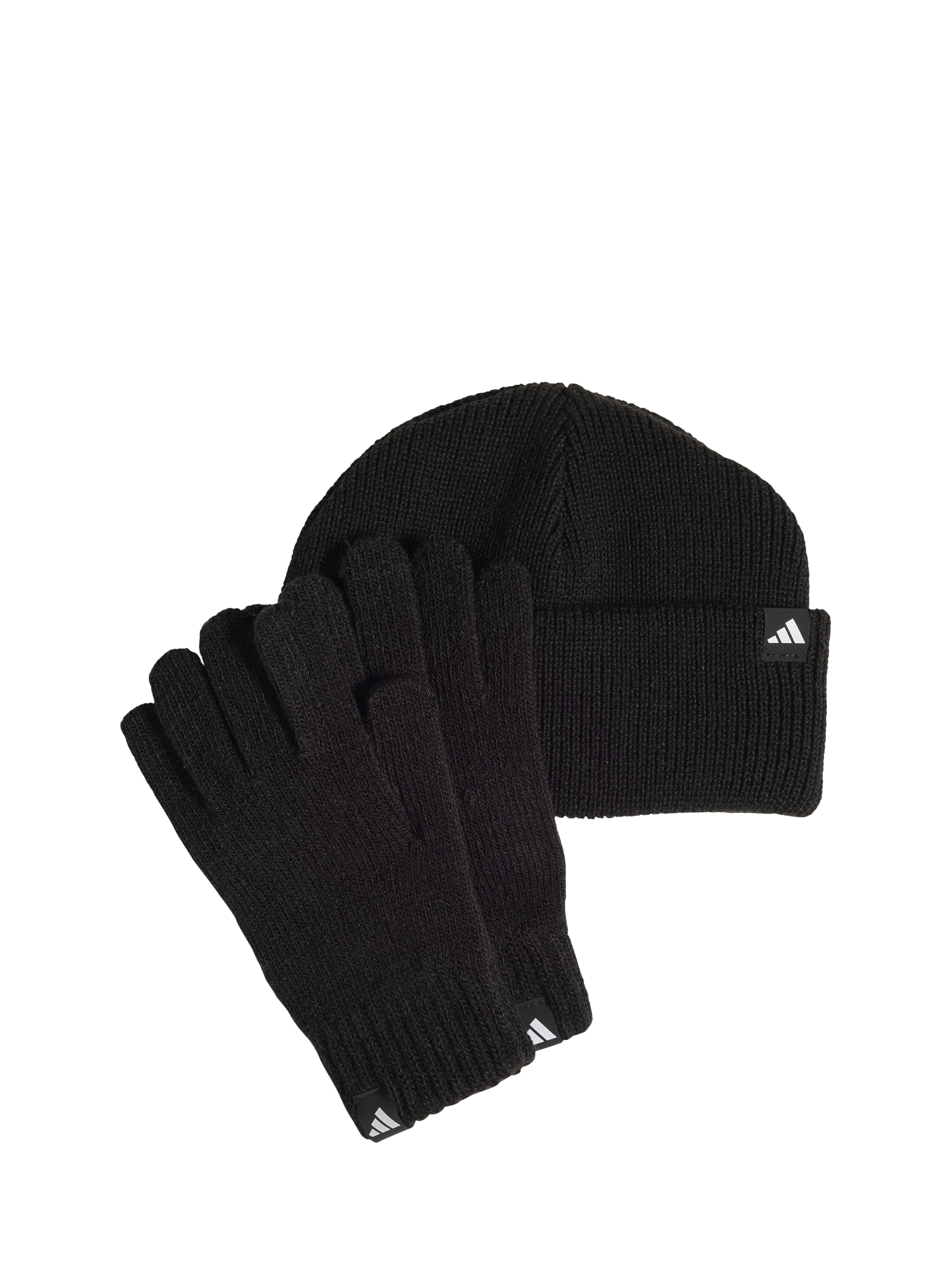 Product image 1 of 4, which shows adidas Kids' Rib Knit Glove and Beanie Set, Black/White, M