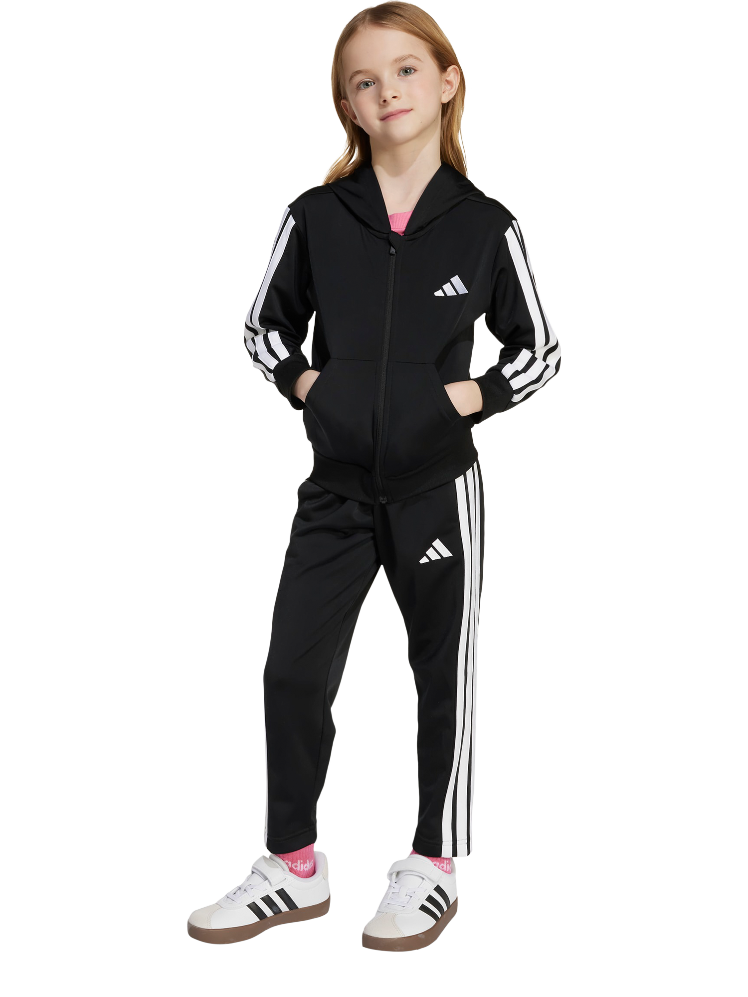 Product image 1 of 6, which shows adidas Kids' Essentials 3-Stripe Shiny Tracksuit, Black/White, 6-7 years