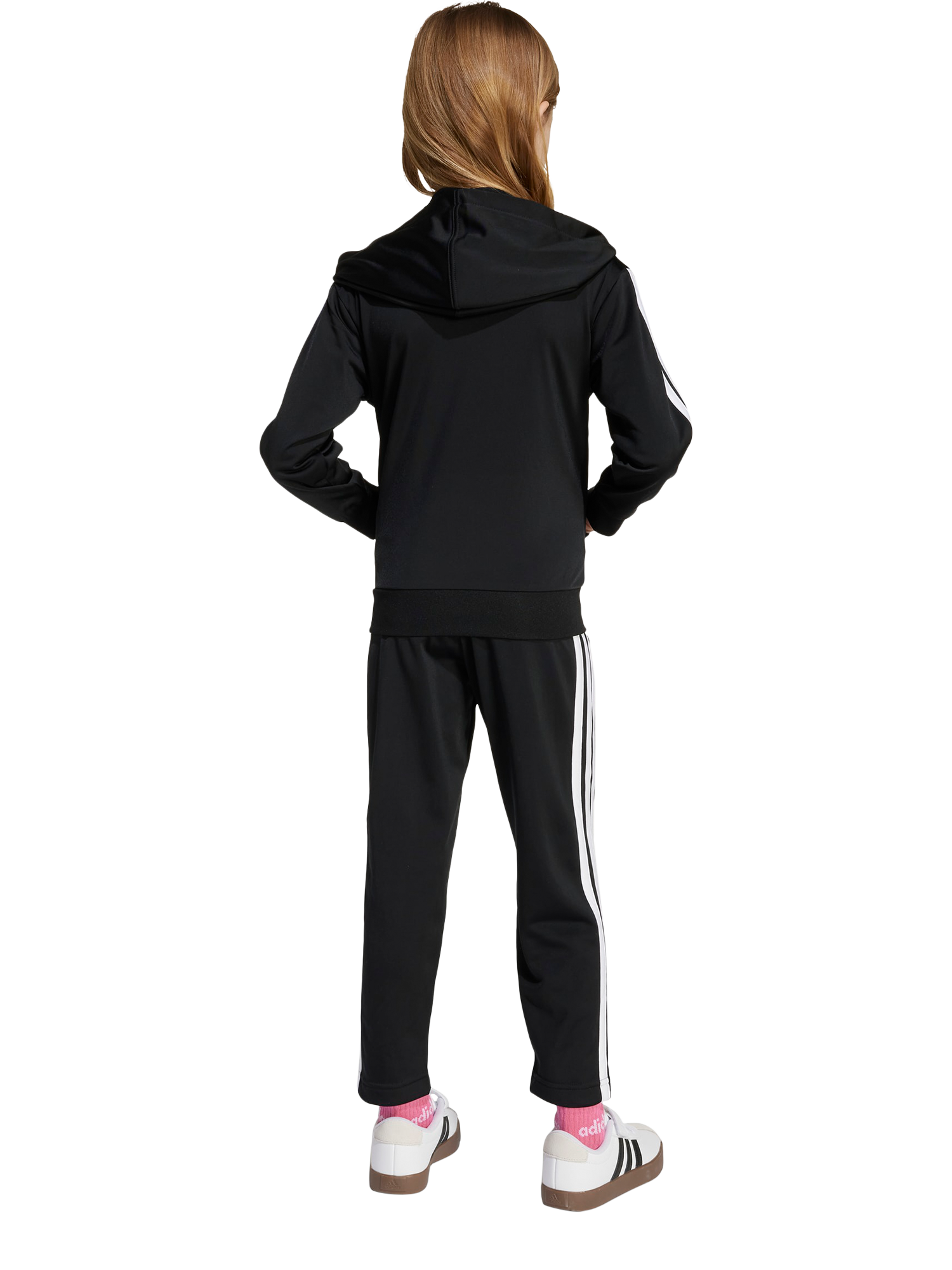 Product image 2 of 6, which shows adidas Kids' Essentials 3-Stripe Shiny Tracksuit, Black/White, 6-7 years