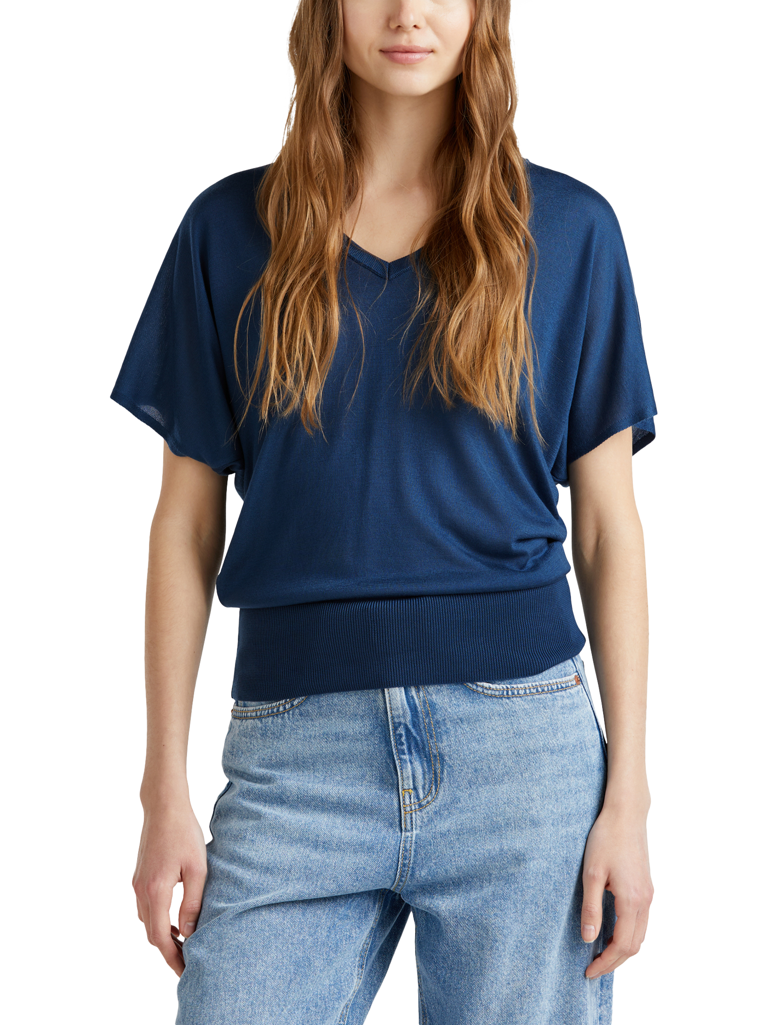 Product image 1 of 6, which shows Benetton Knit V-Neck T-Shirt, Air Force Blue, S