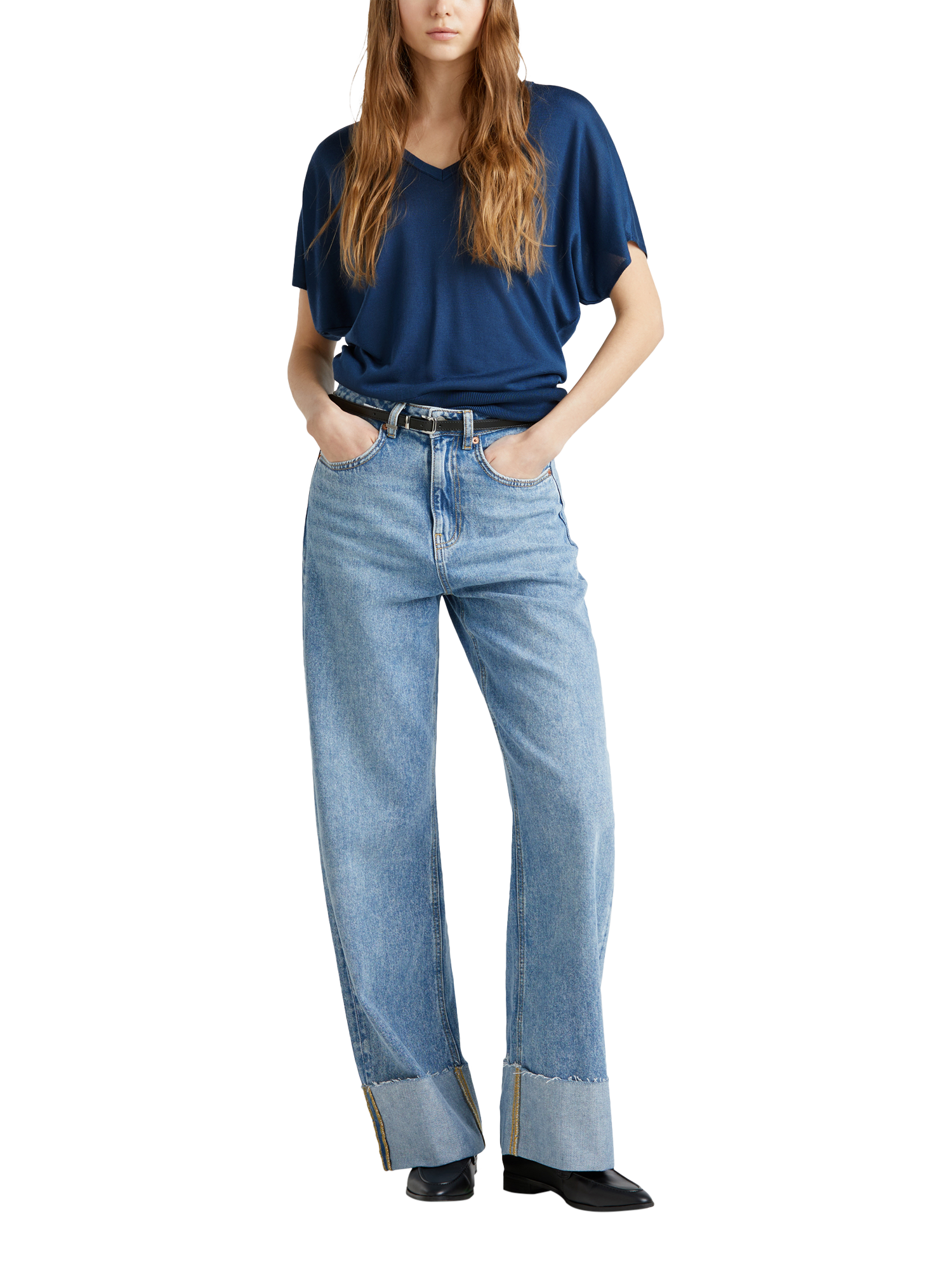 Product image 3 of 6, which shows Benetton Knit V-Neck T-Shirt, Air Force Blue, S