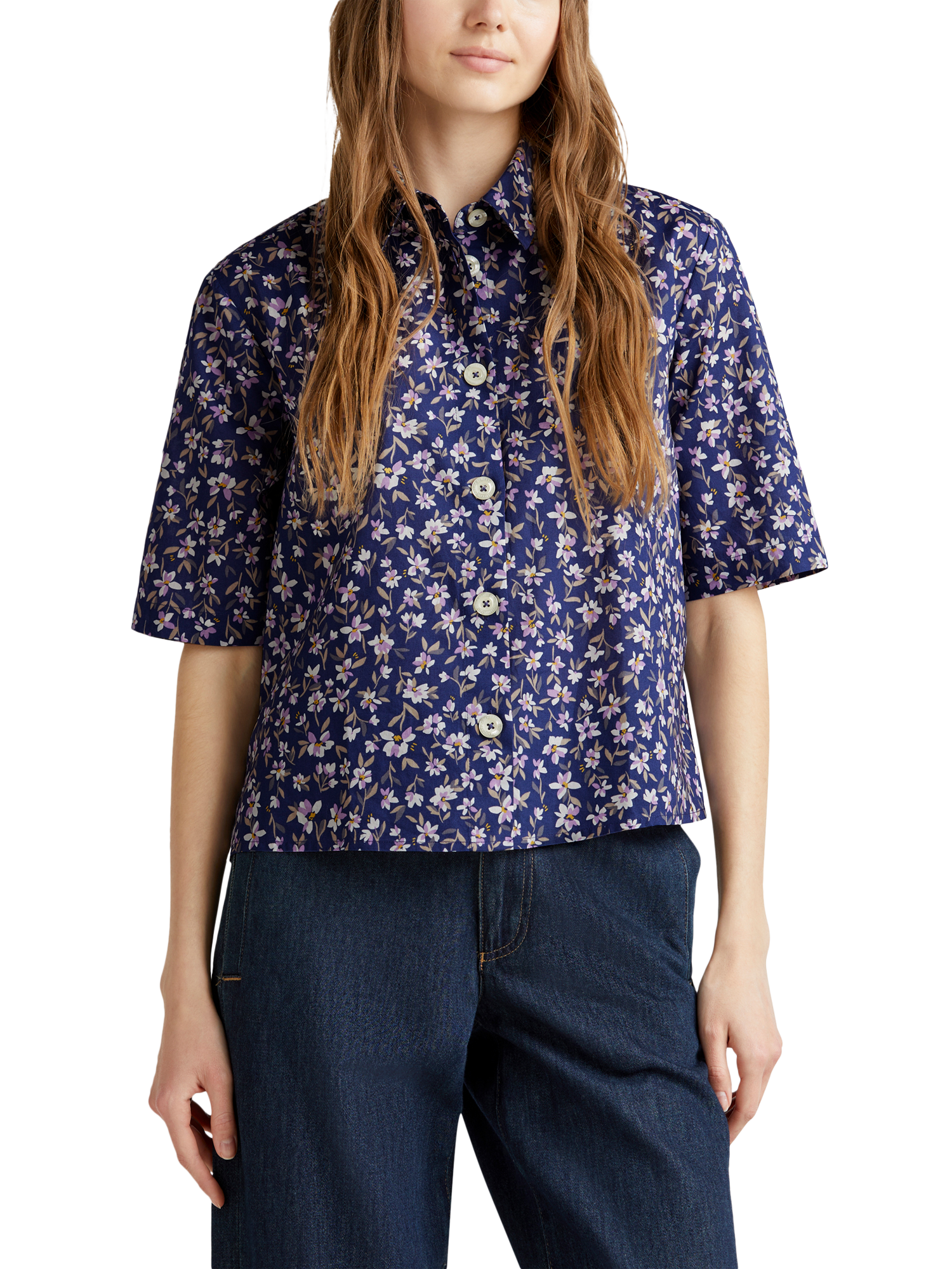 Benetton Floral Elbow Sleeve Shirt, Blue/Multi