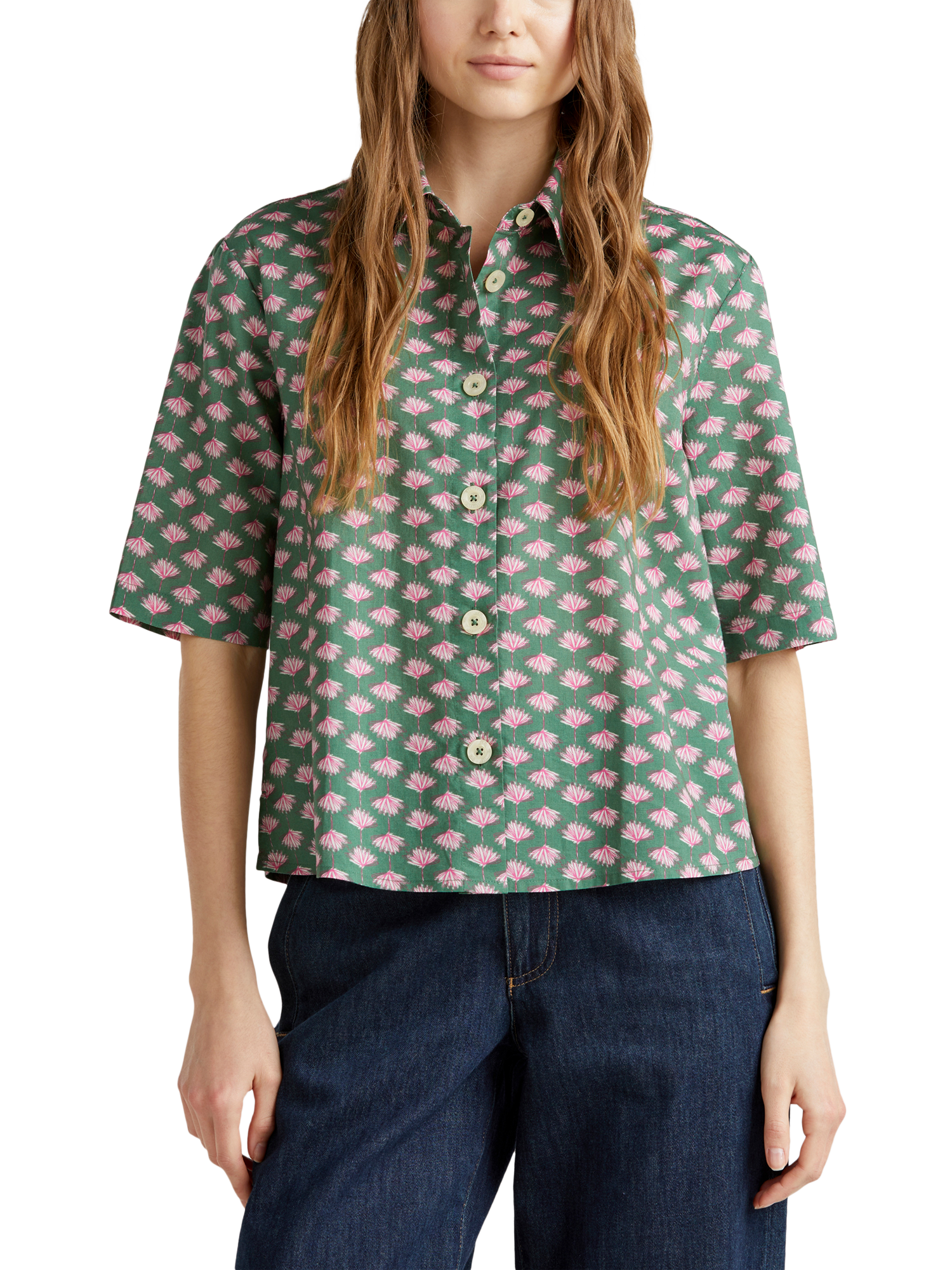 Benetton Geometric Elbow Sleeve Shirt, Green/Multi