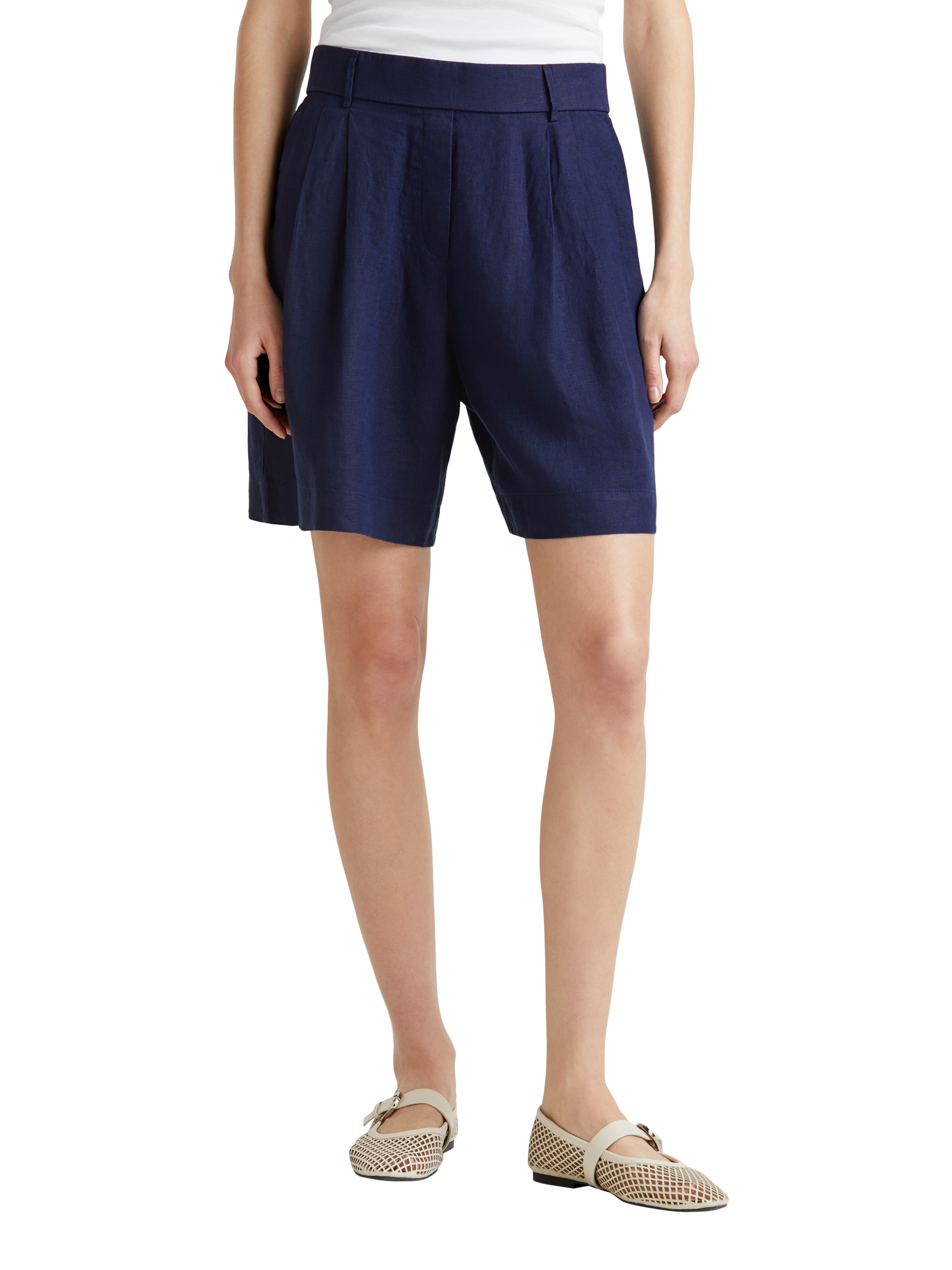 Product image 1 of 5, which shows Benetton Elasticated Waist Pure Linen Shorts, Night Blue, XS