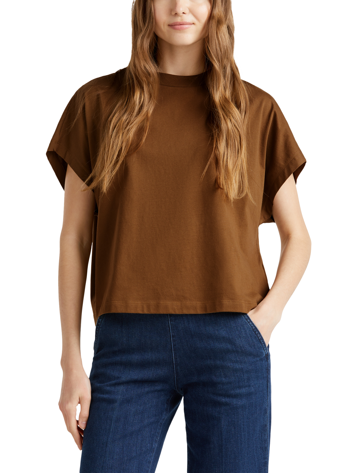 Product image 1 of 4, which shows Benetton Crew Neck Loose Fit Cotton T-Shirt, Brown, XS