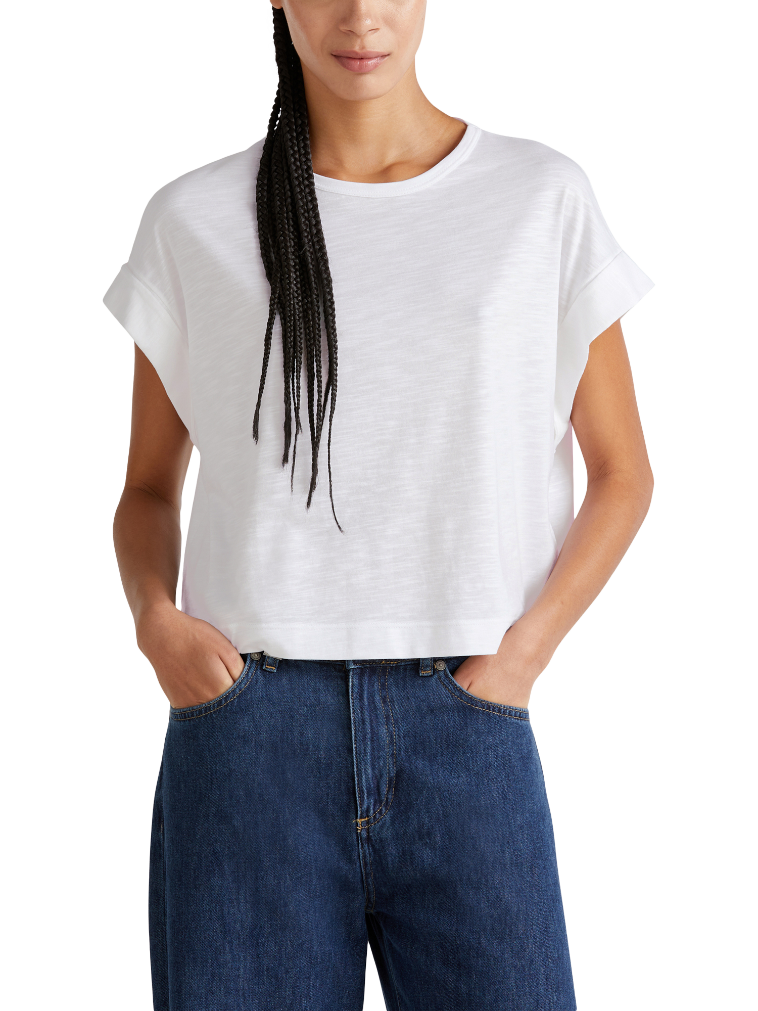 Product image 1 of 4, which shows Benetton Crew Neck Cotton Blend T-Shirt, Optical White, XS