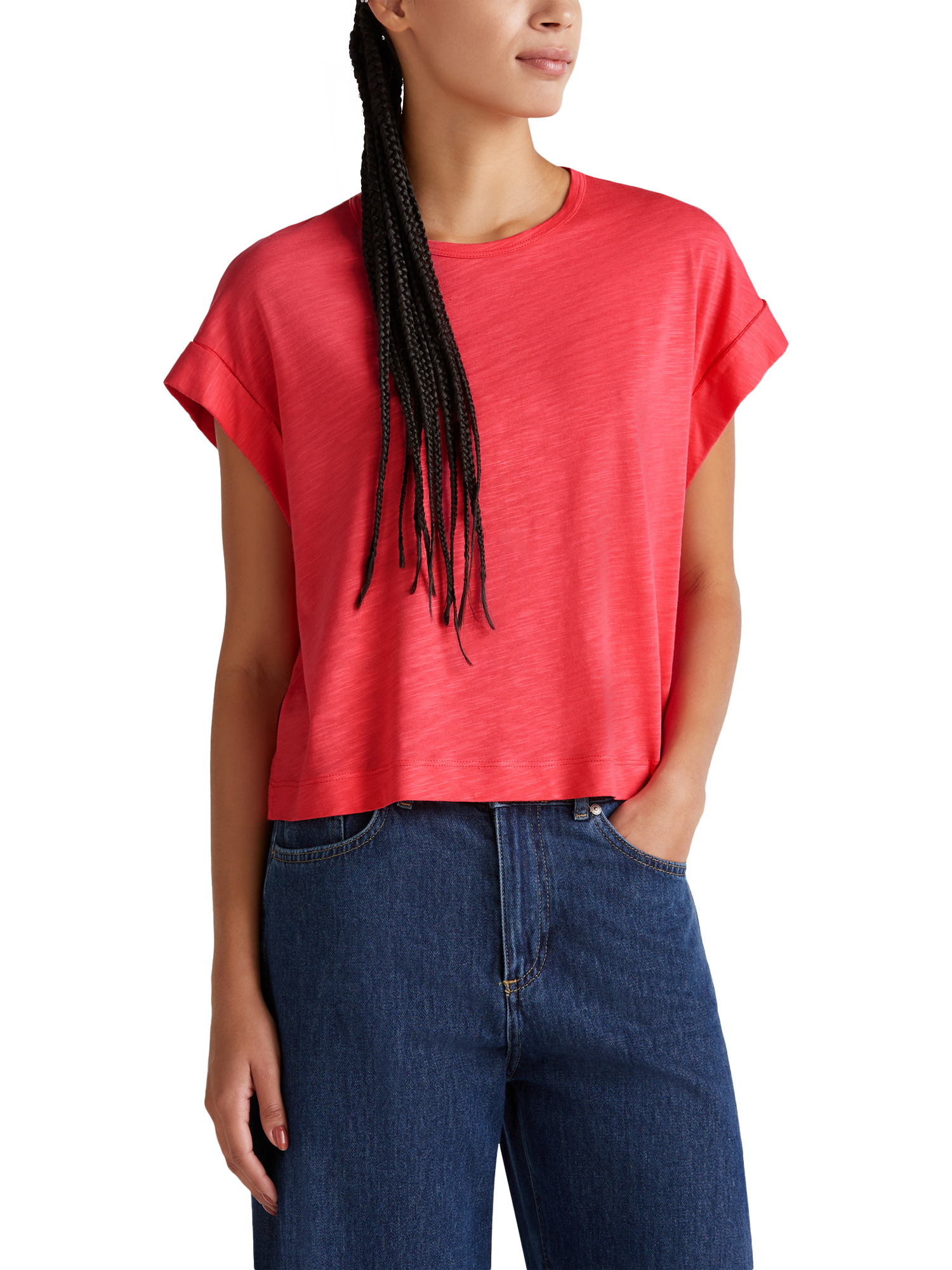 Product image 1 of 4, which shows Benetton Crew Neck Cotton Blend T-Shirt, Cyclamen, XS