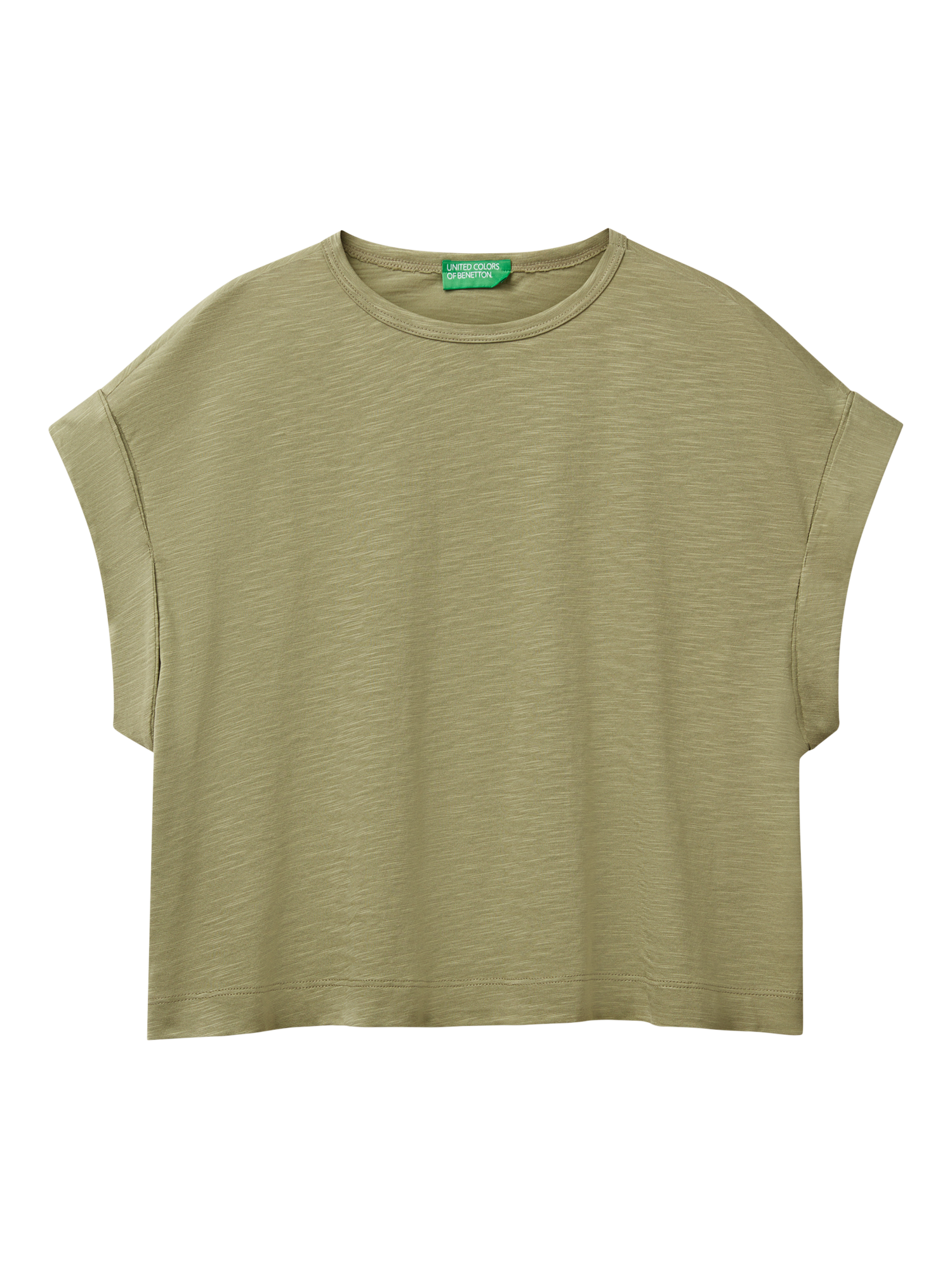 Product image 3 of 4, which shows Benetton Crew Neck Cotton Blend T-Shirt, Olive Green, XS