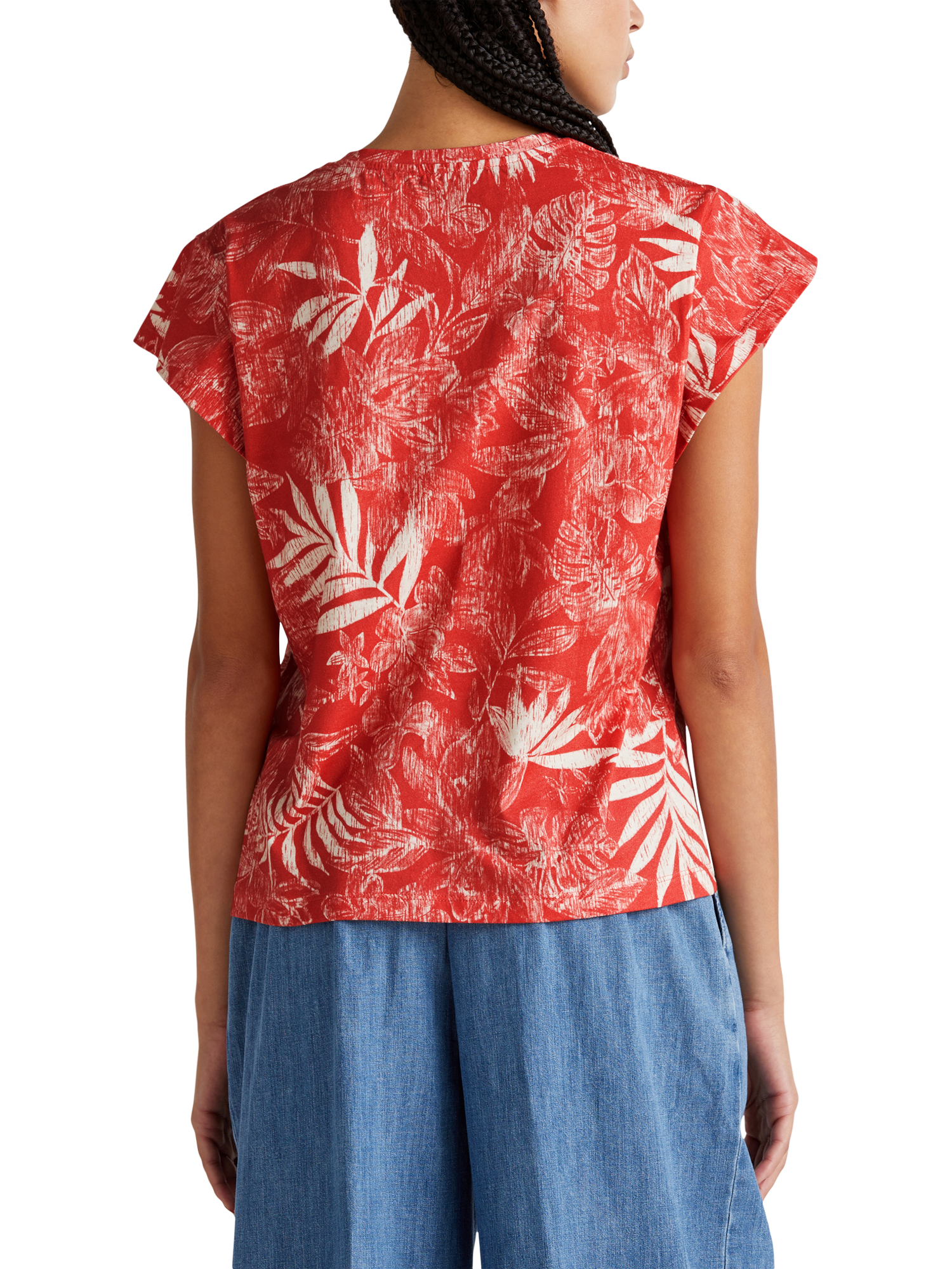 Product image 2 of 4, which shows Benetton Palm Print V-Neck T-Shirt, Red/Beige, XS