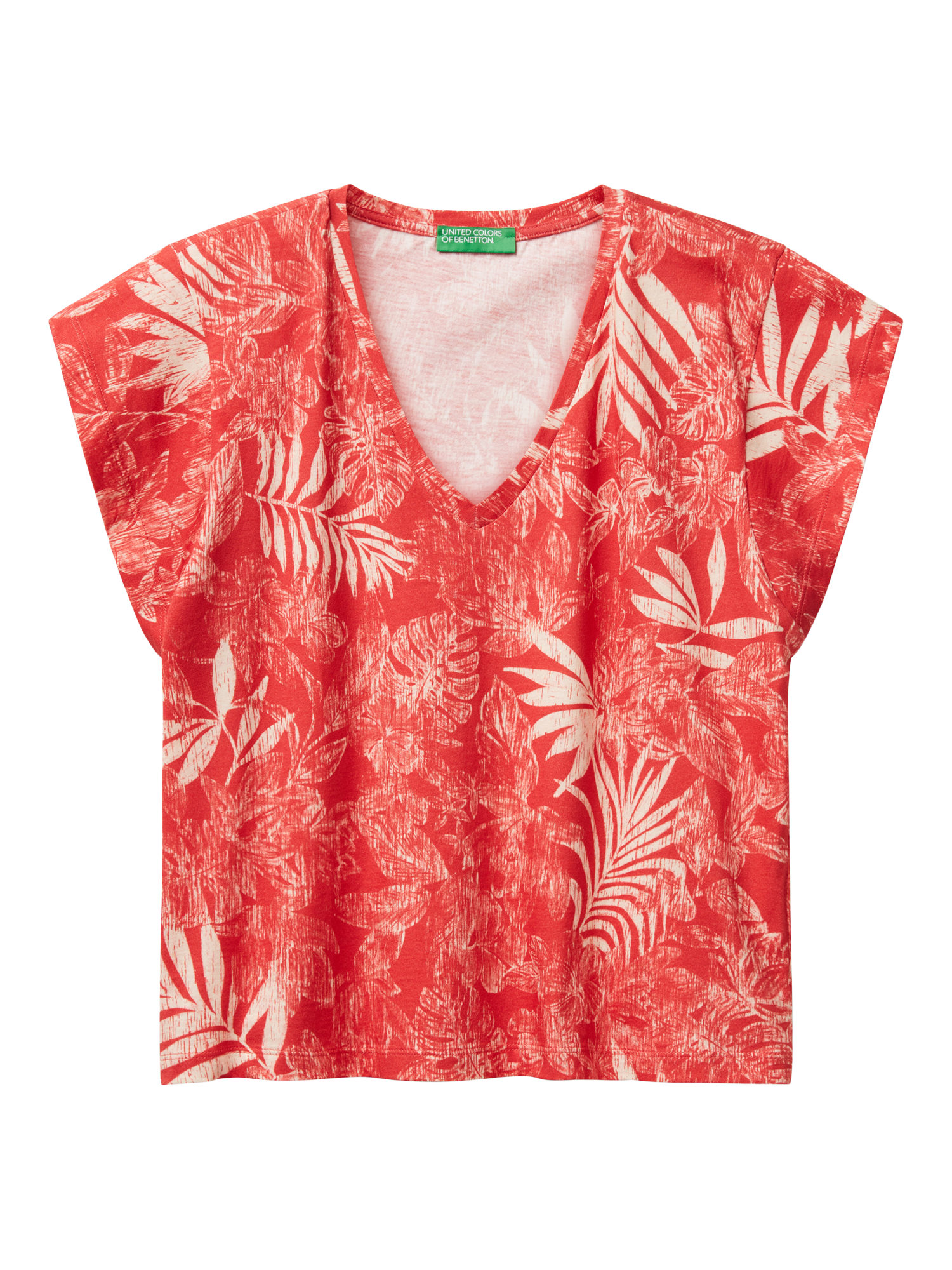 Product image 3 of 4, which shows Benetton Palm Print V-Neck T-Shirt, Red/Beige, XS