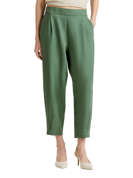 Benetton Cropped Linen Trousers, Forest Green