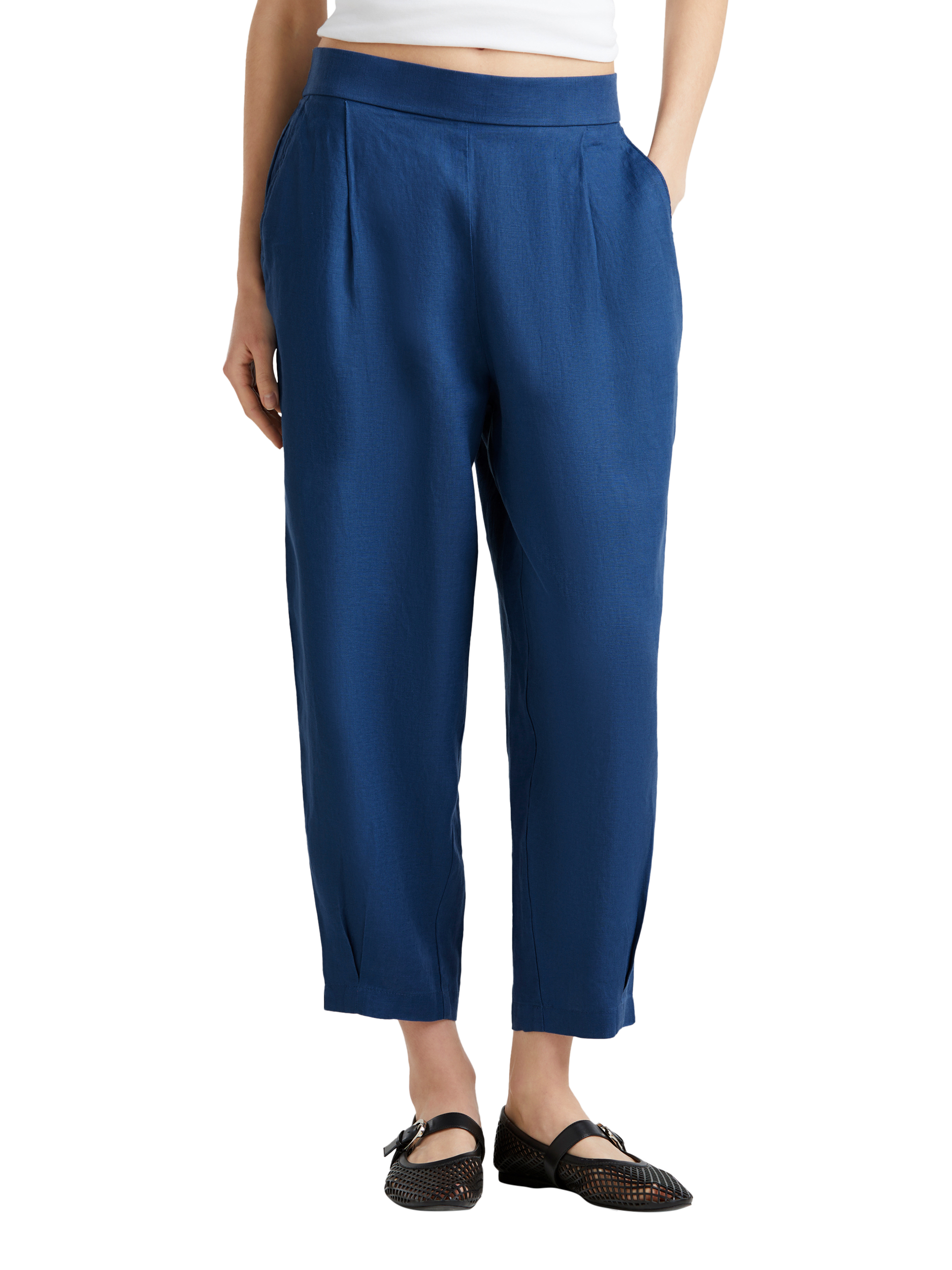 Product image 1 of 5, which shows Benetton Cropped Linen Trousers, Air Force Blue, XS