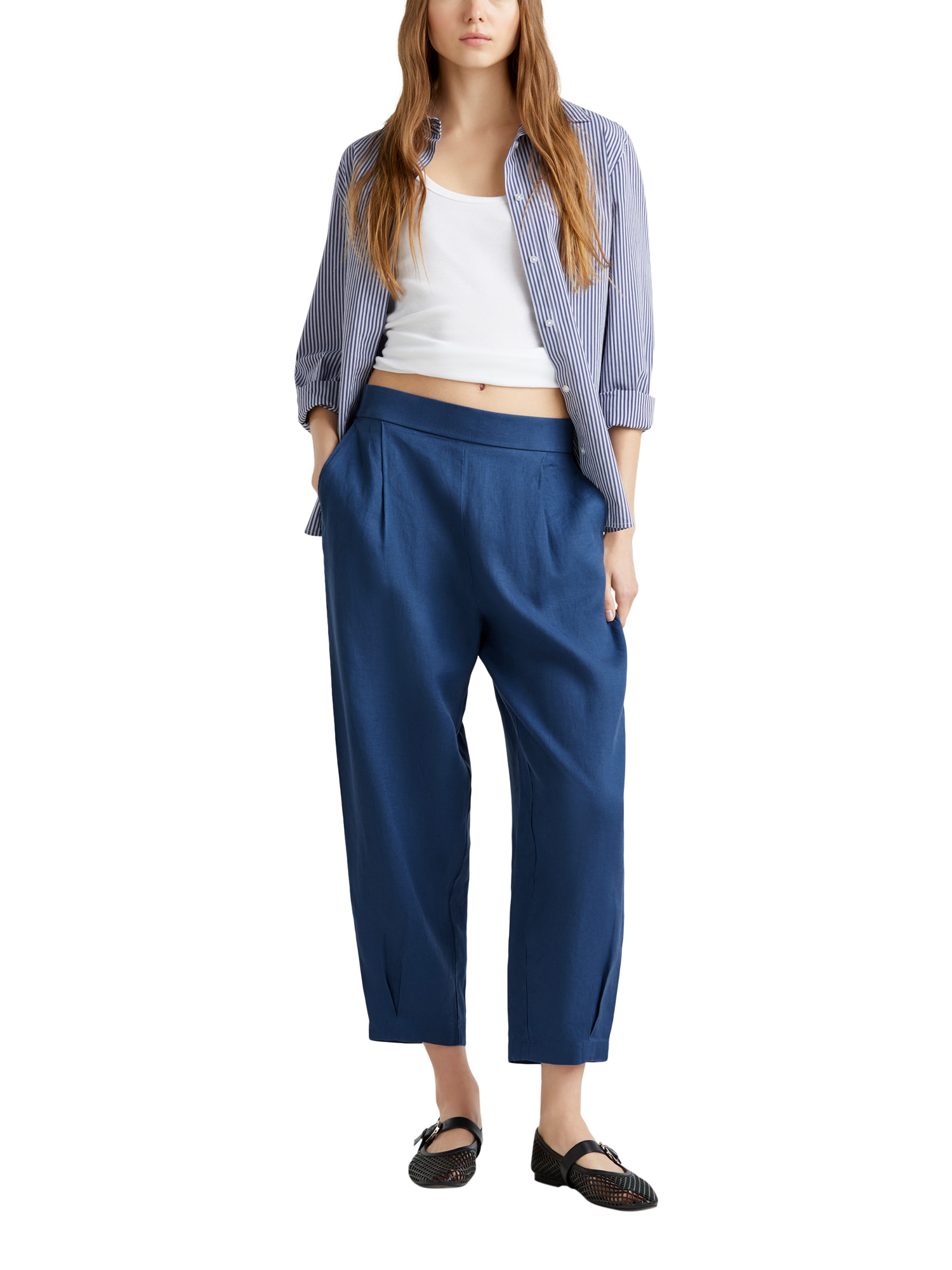 Product image 3 of 5, which shows Benetton Cropped Linen Trousers, Air Force Blue, XS