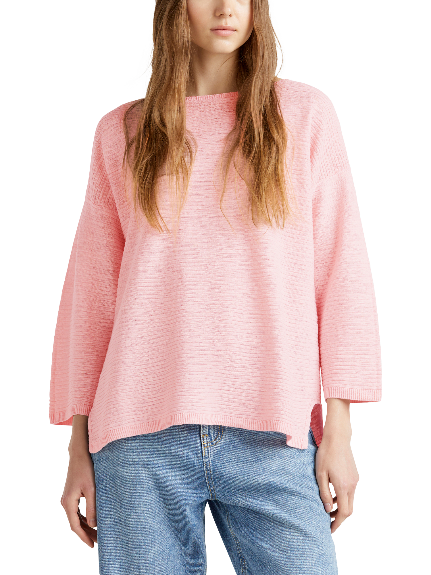 Product image 1 of 6, which shows Benetton Boat Neck Cotton Linen Blend Jumper, Powder, XS