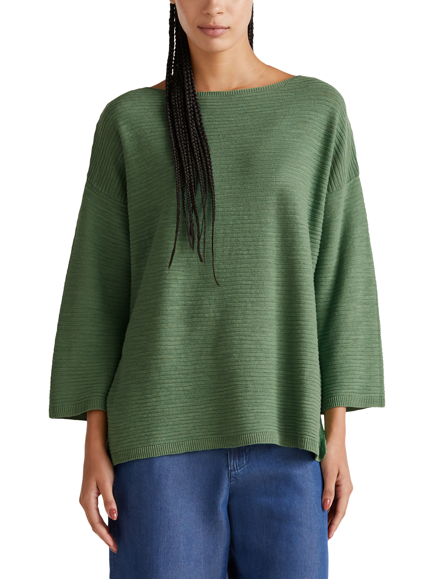 Product image 1 of 6, which shows Benetton Boat Neck Cotton Linen Blend Jumper, Forest Green, XS