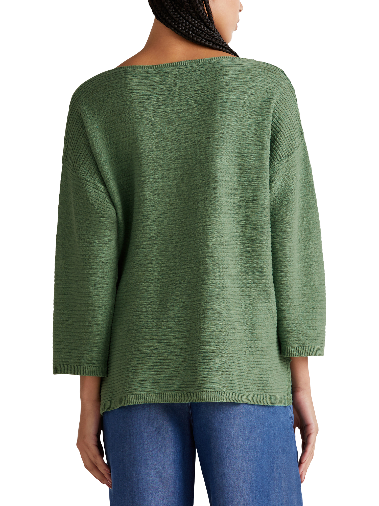 Product image 2 of 6, which shows Benetton Boat Neck Cotton Linen Blend Jumper, Forest Green, XS