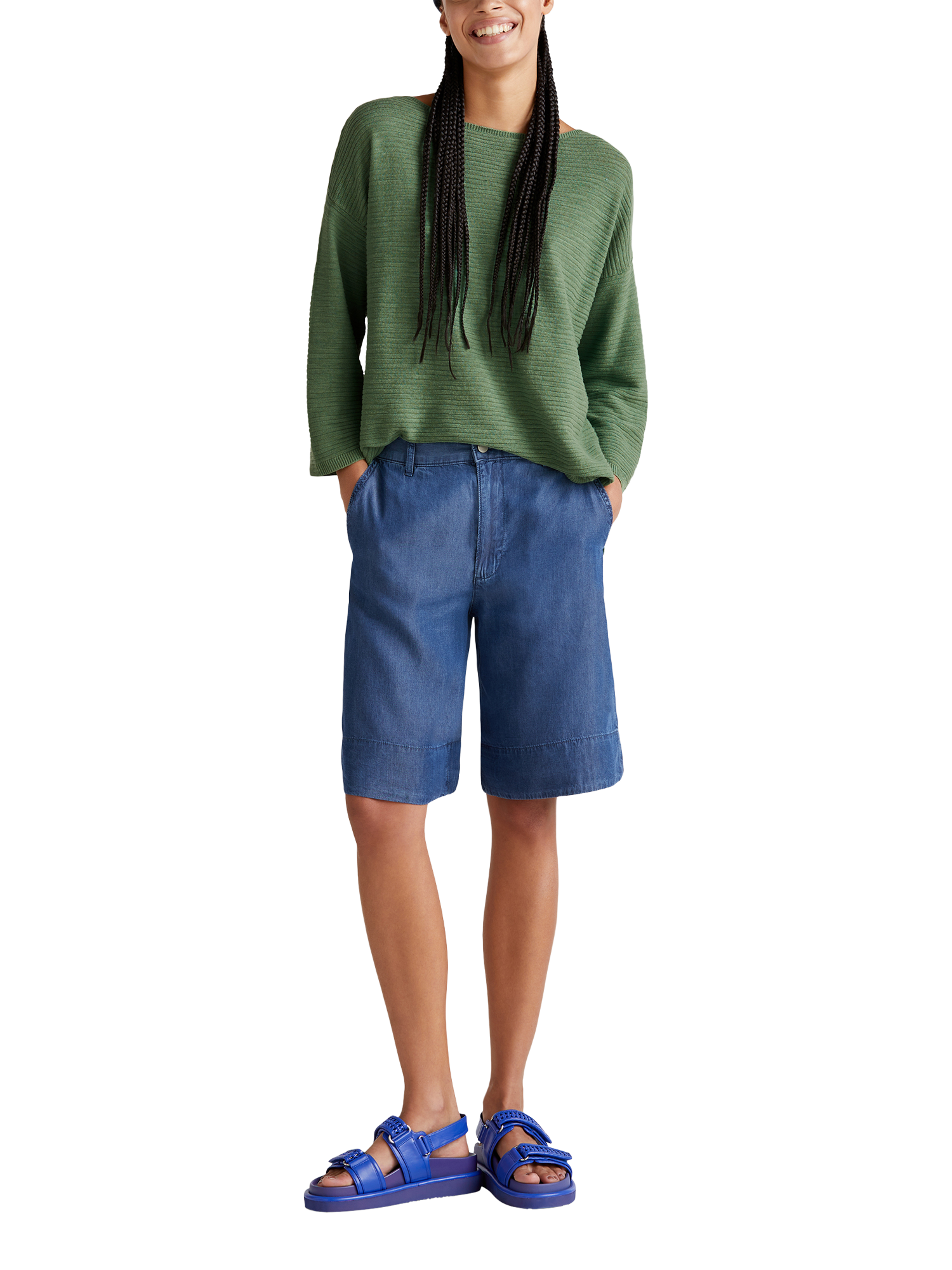 Product image 3 of 6, which shows Benetton Boat Neck Cotton Linen Blend Jumper, Forest Green, XS