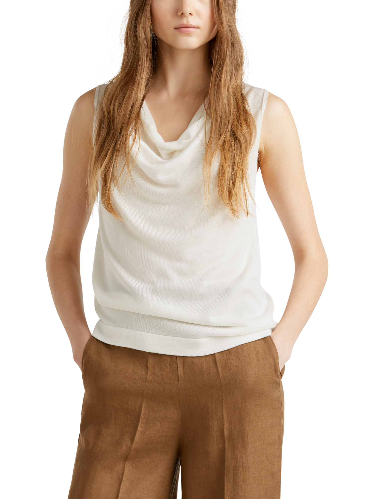 Product image 1 of 6, which shows Benetton Cowl Neck Sleeveless Top, Off White, S