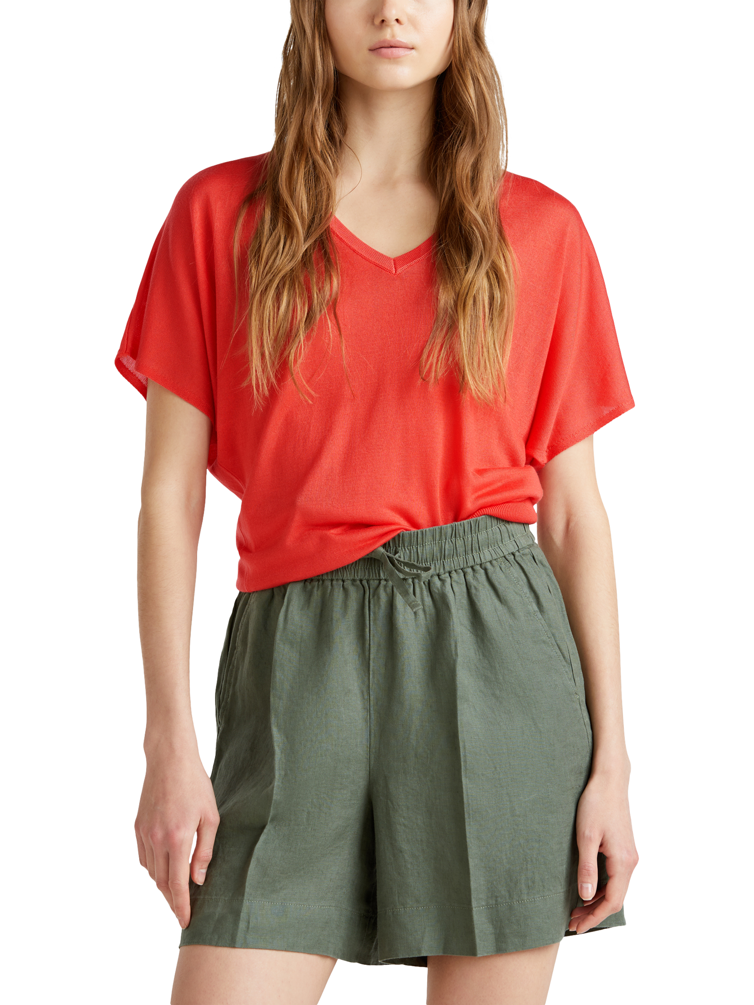 Product image 1 of 6, which shows Benetton Knit V-Neck T-Shirt, Coral, M
