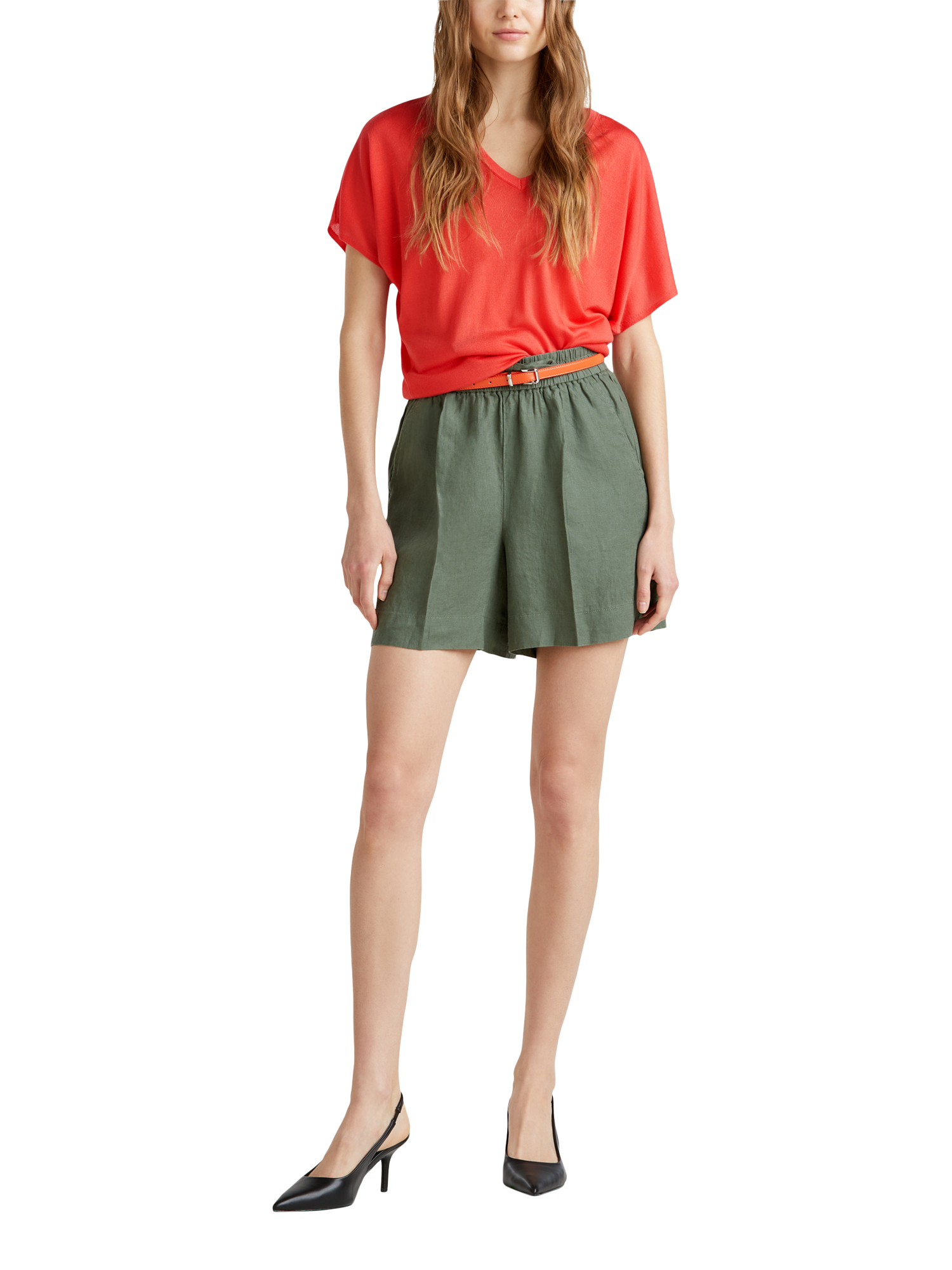 Product image 3 of 6, which shows Benetton Knit V-Neck T-Shirt, Coral, M