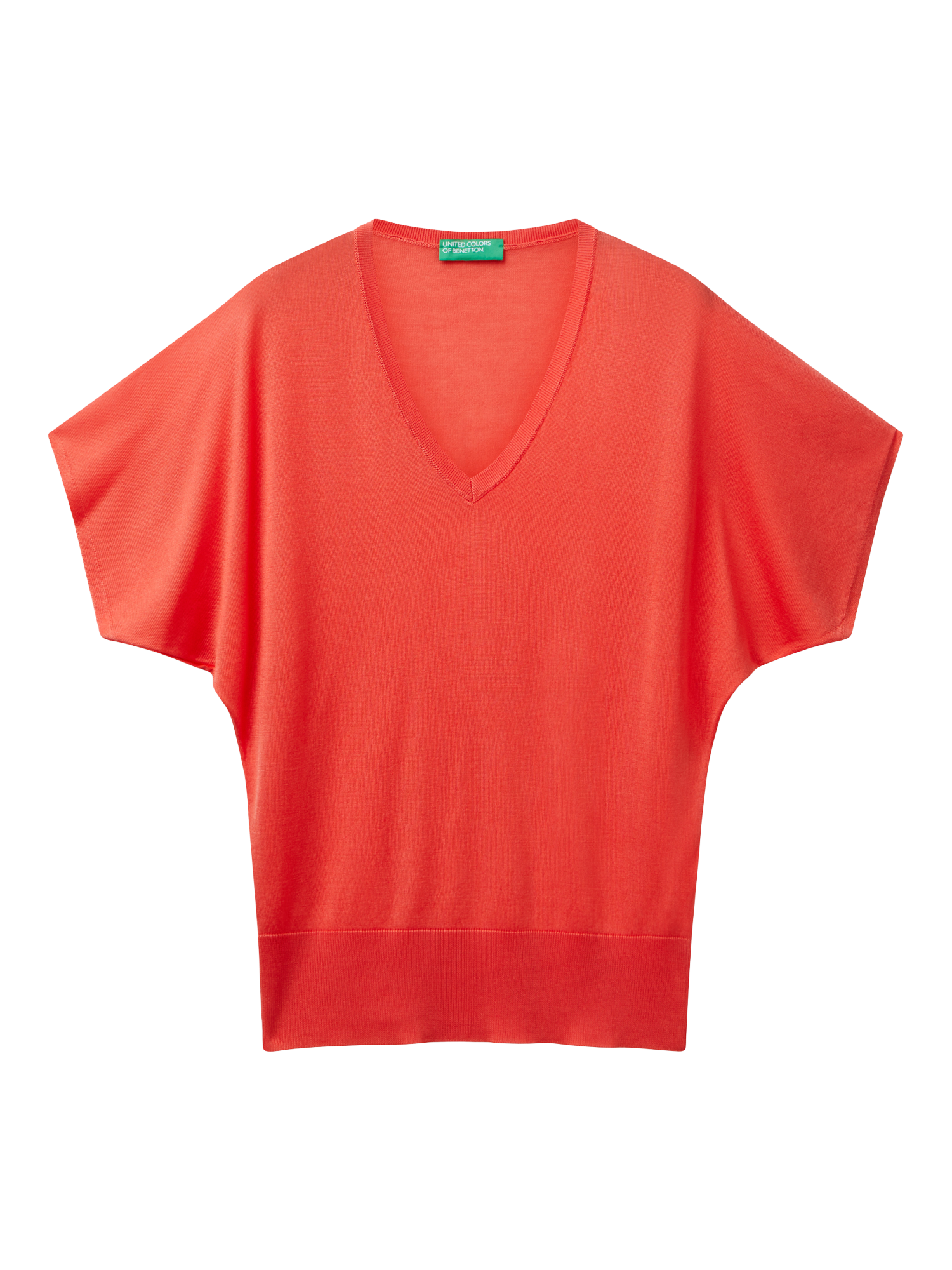 Product image 4 of 6, which shows Benetton Knit V-Neck T-Shirt, Coral, M