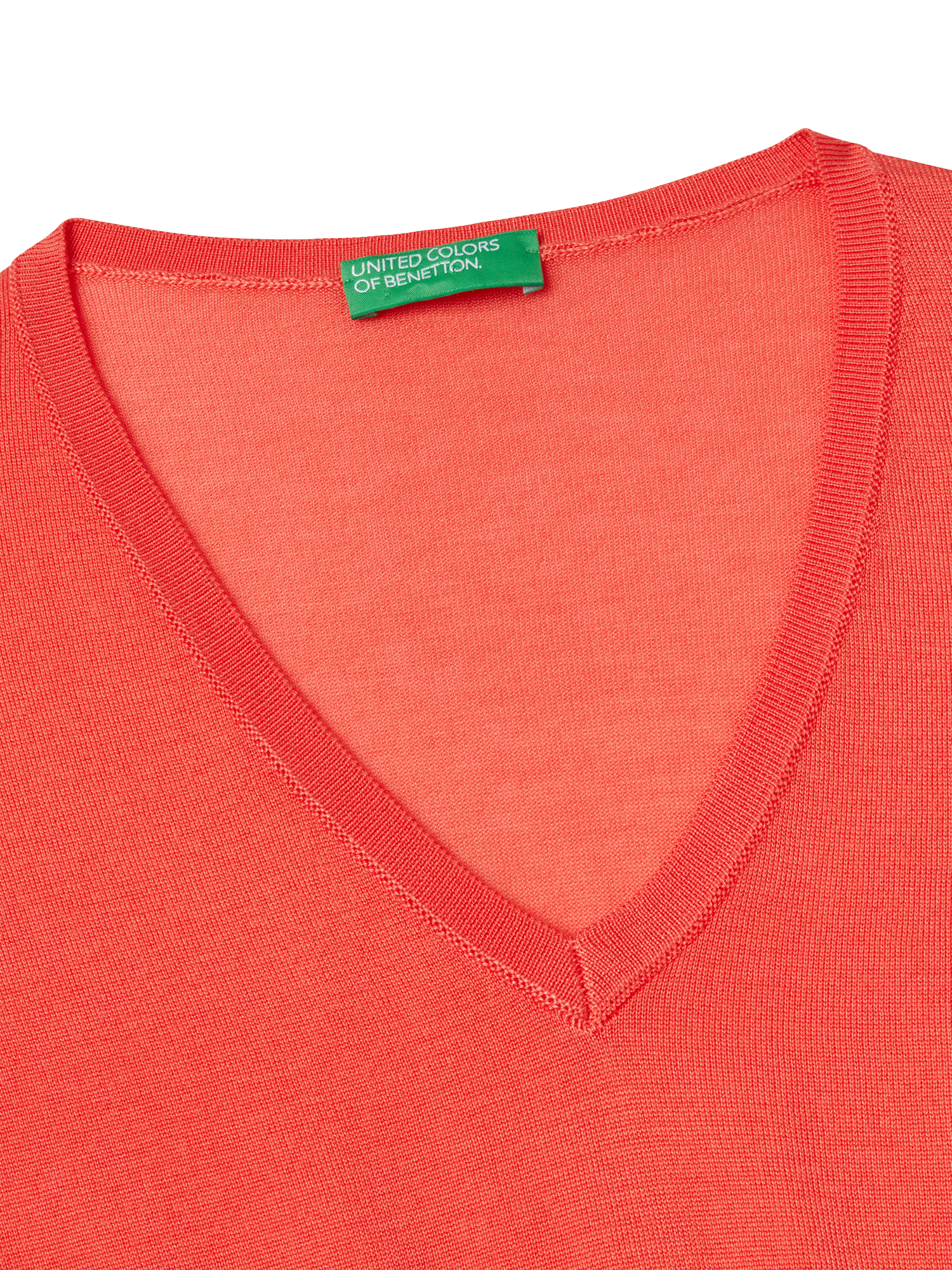 Product image 6 of 6, which shows Benetton Knit V-Neck T-Shirt, Coral, M