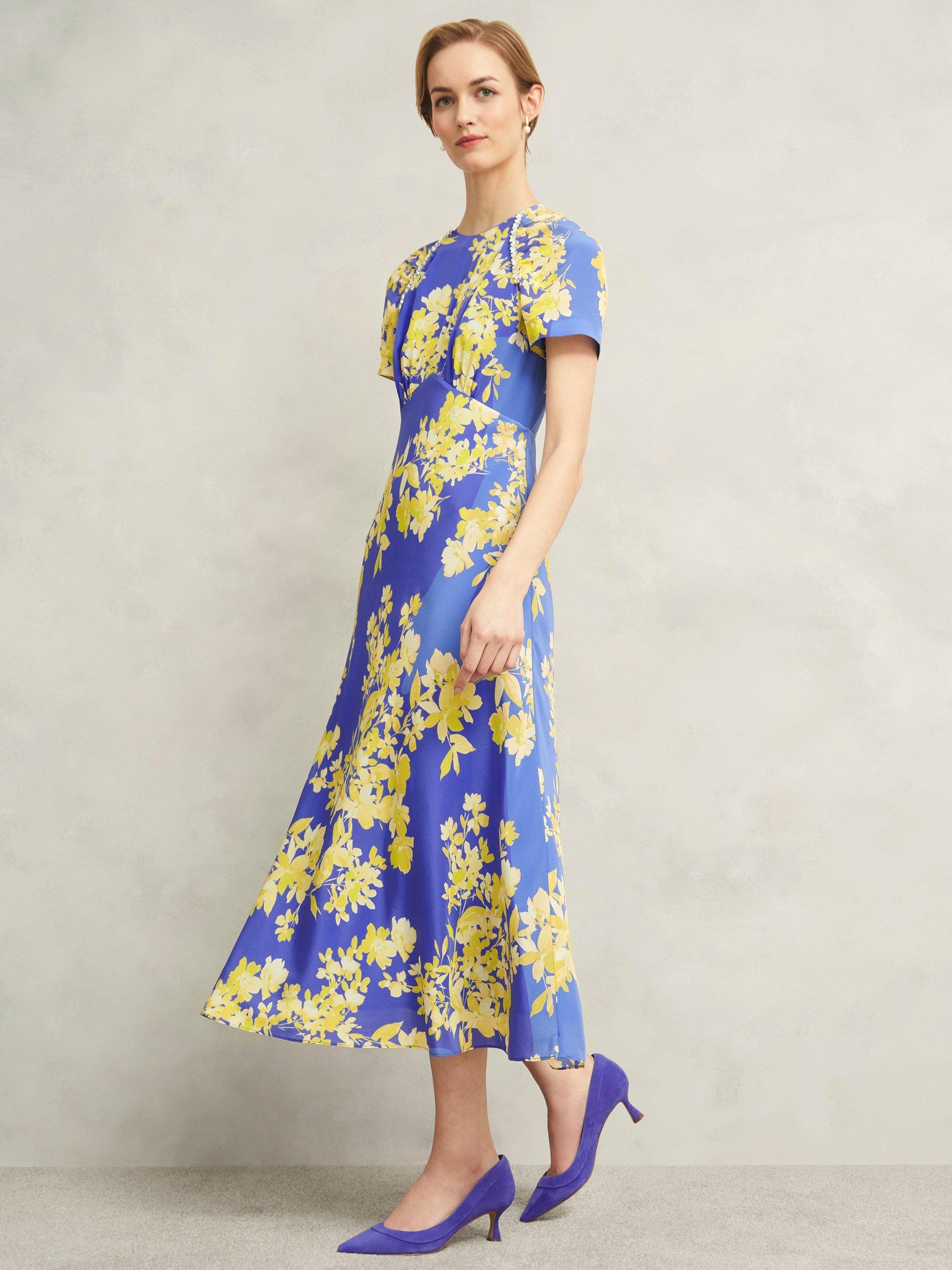 Product image 1 of 6, which shows Hobbs Ann Silk Floral Print Petite Midi Dress, Blue/Yellow, 10