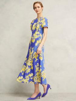 Hobbs Ann Silk Floral Print Petite Midi Dress, Blue/Yellow, Blue/Yellow